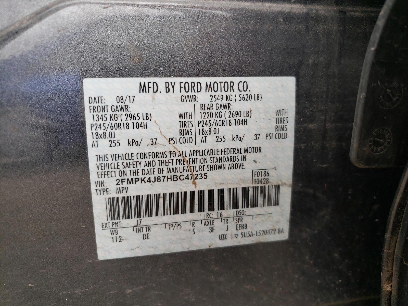 Photo 10 from auction – 2017 FORD EDGE SEL with VIN 2FMPK4J87HBC47235