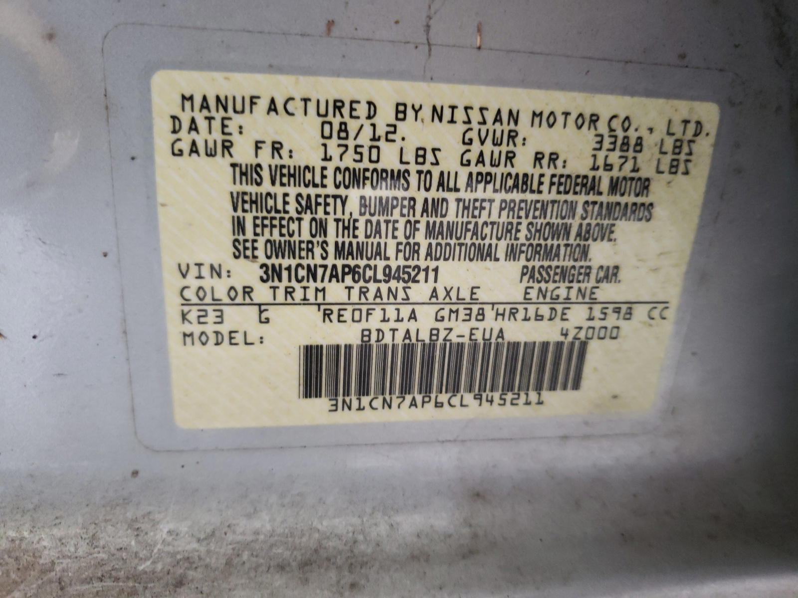 Photo 10 from auction – 2012 NISSAN VERSA S with VIN 3N1CN7AP6CL945211