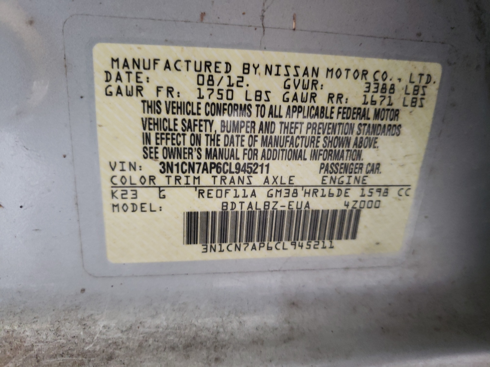 Zdjęcie 10 z aukcji – 2012 NISSAN VERSA S z VIN 3N1CN7AP6CL945211