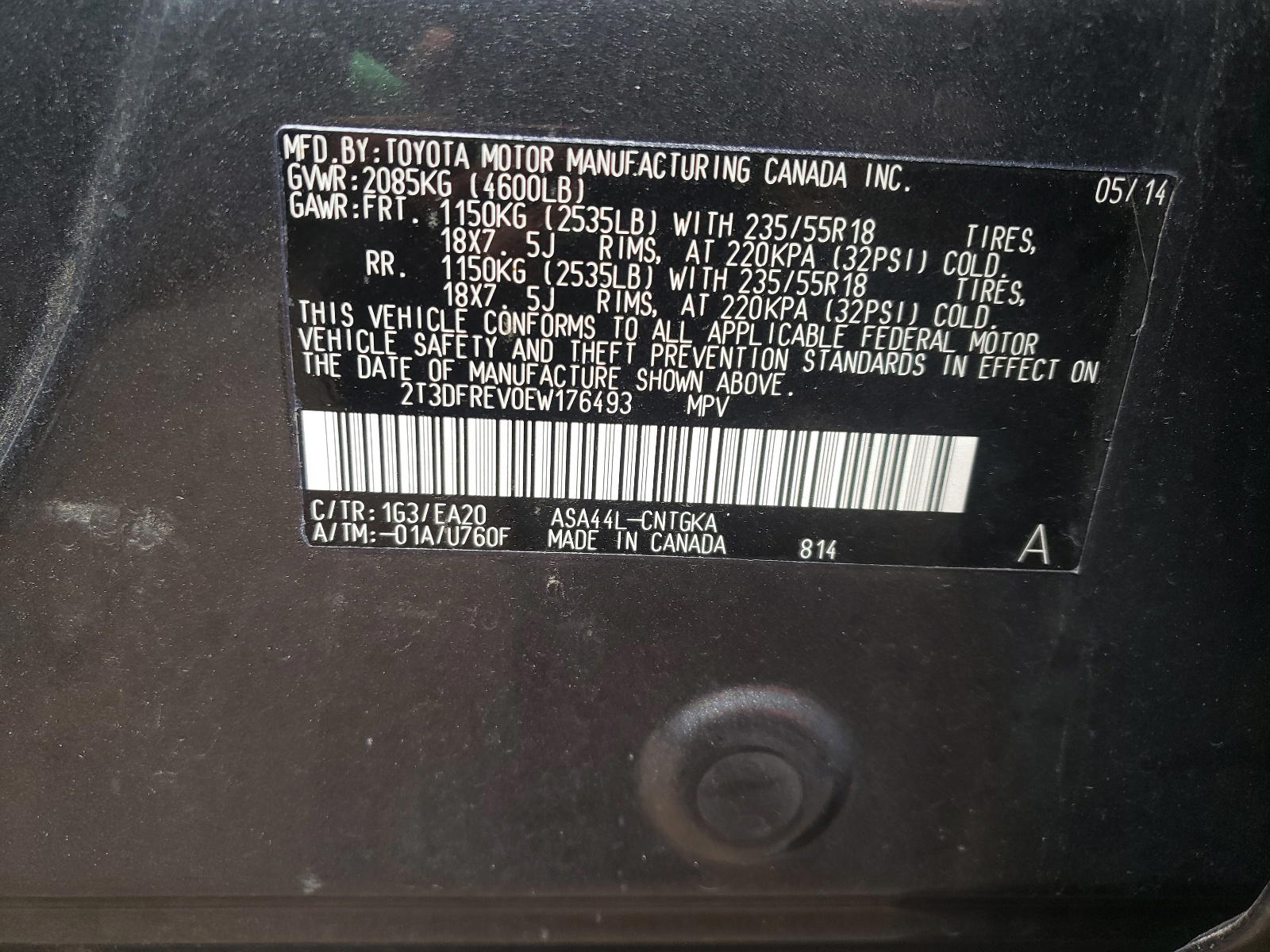 Photo 10 from auction – 2014 TOYOTA RAV4 LIMIT with VIN 2T3DFREV0EW176493
