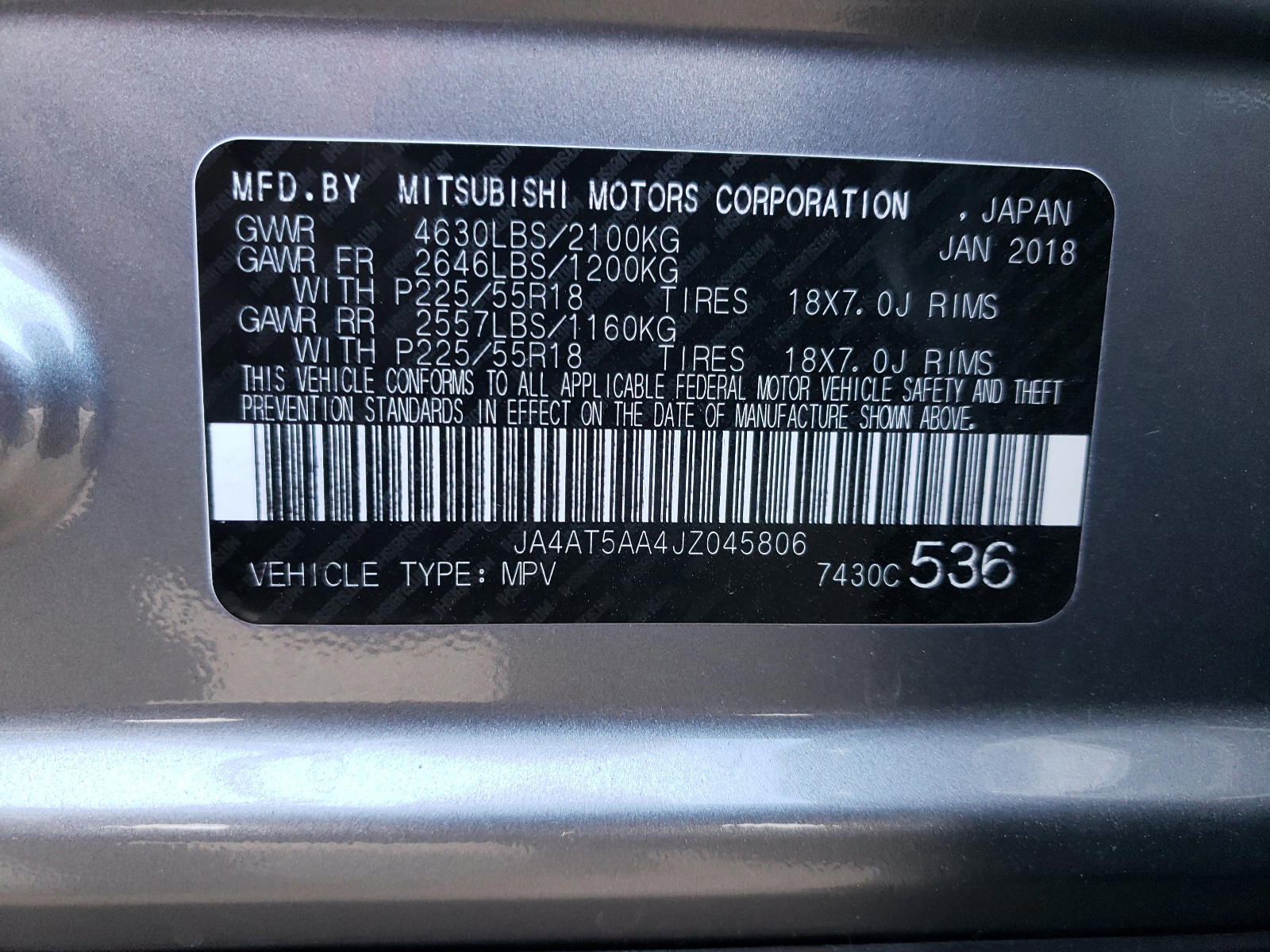 Photo 10 from auction – 2018 MITSUBISHI ECLIPSE CR with VIN JA4AT5AA4JZ045806