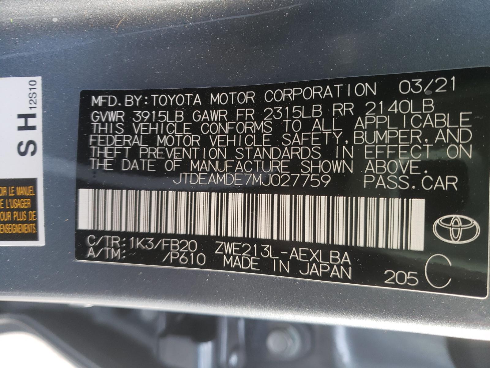 Photo 10 from auction – 2021 TOYOTA COROLLA LE with VIN JTDEAMDE7MJ027759