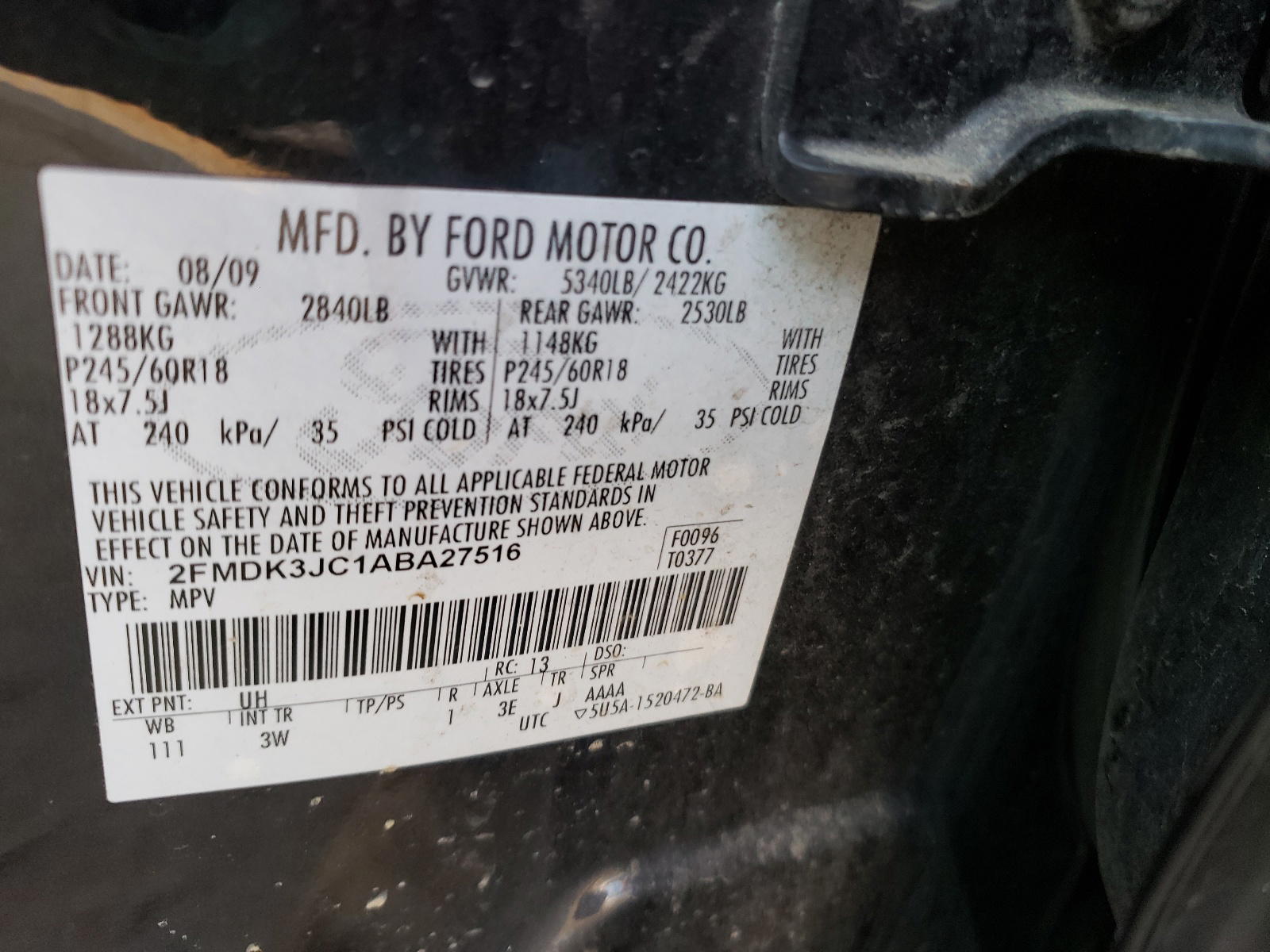 Photo 10 from auction – 2010 FORD EDGE SEL with VIN 2FMDK3JC1ABA27516