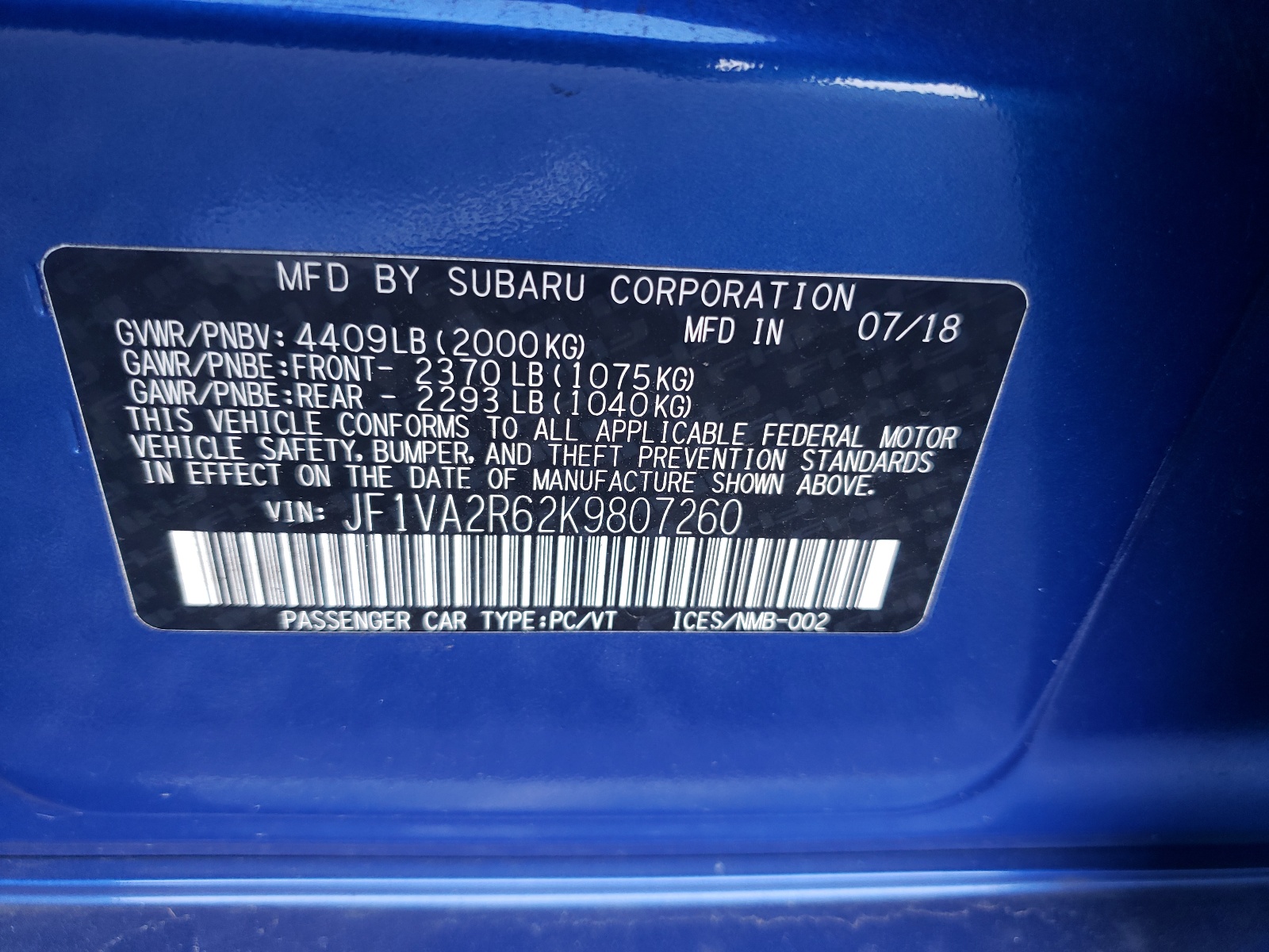 Photo 10 from auction – 2019 SUBARU WRX STI with VIN JF1VA2R62K9807260