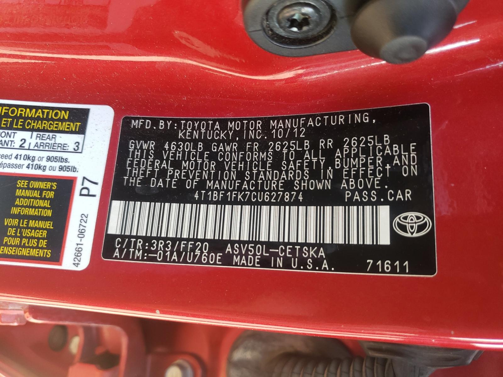 Photo 10 from auction – 2012 TOYOTA CAMRY BASE with VIN 4T1BF1FK7CU627874
