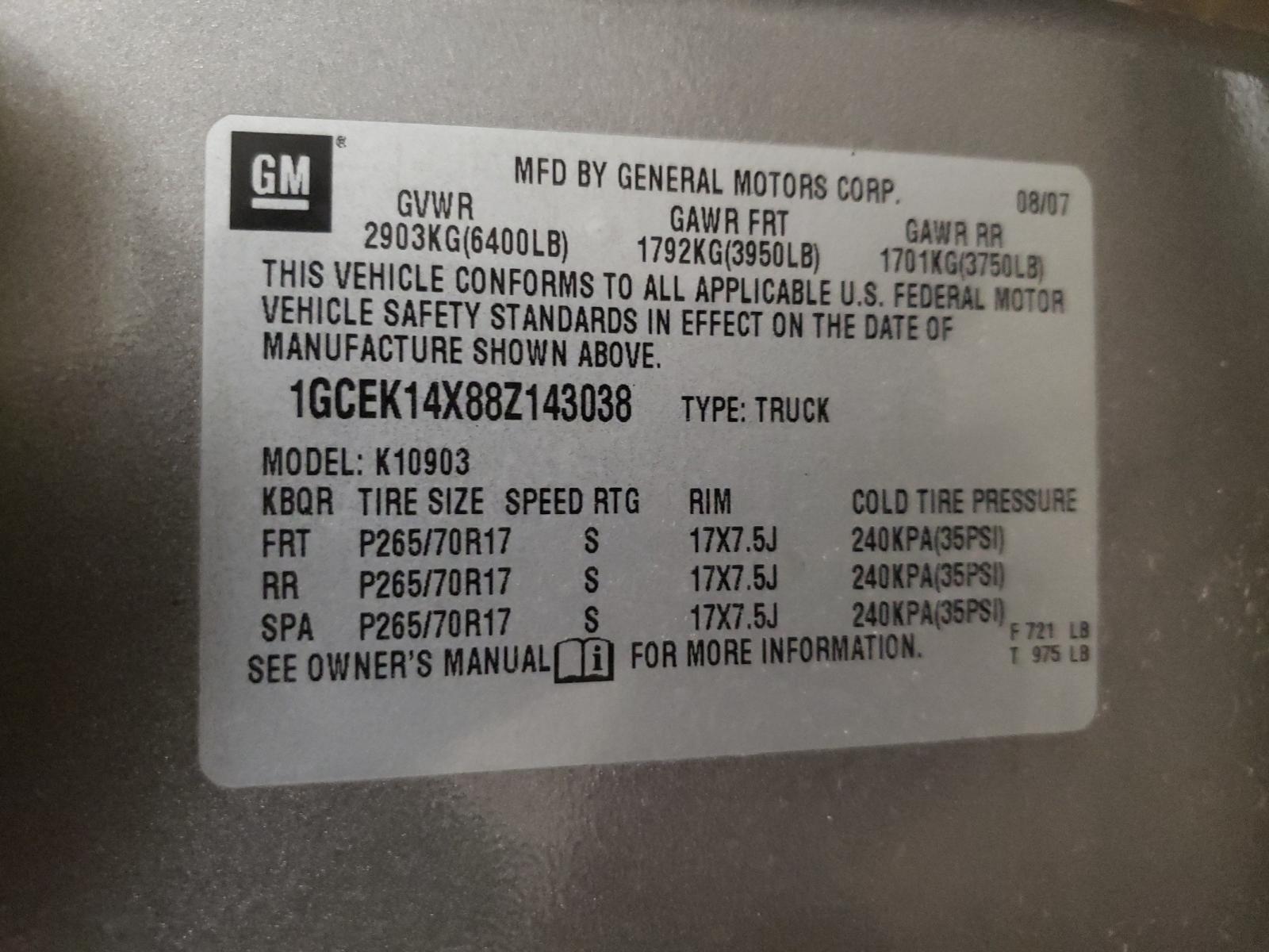 Photo 10 from auction – 2008 CHEVROLET SILVERADO with VIN 1GCEK14X88Z143038