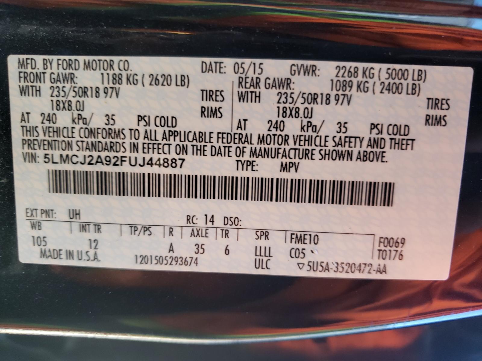 Photo 10 from auction – 2015 LINCOLN MKC with VIN 5LMCJ2A92FUJ44887