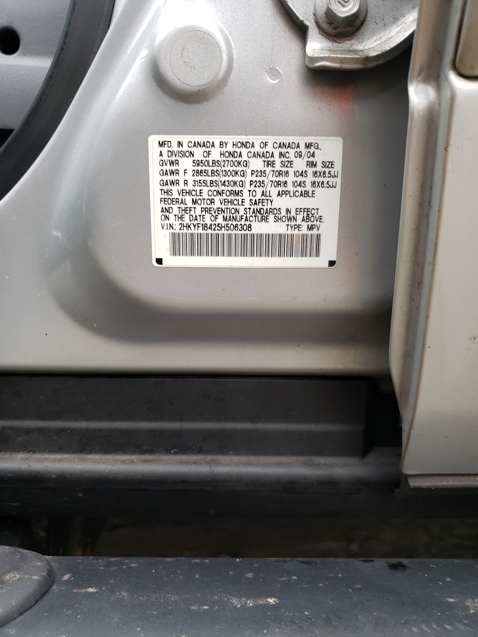 Photo 10 from auction – 2005 HONDA PILOT EX with VIN 2HKYF18425H506308