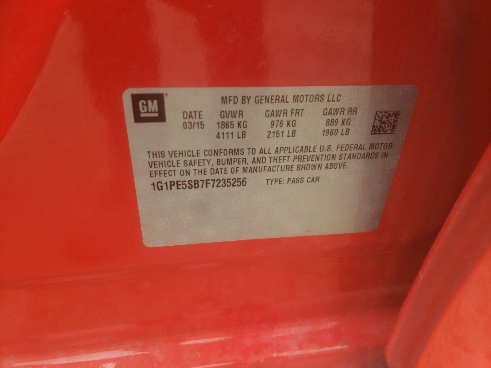 Photo 10 from auction – 2015 CHEVROLET CRUZE with VIN 1G1PE5SB7F7235256