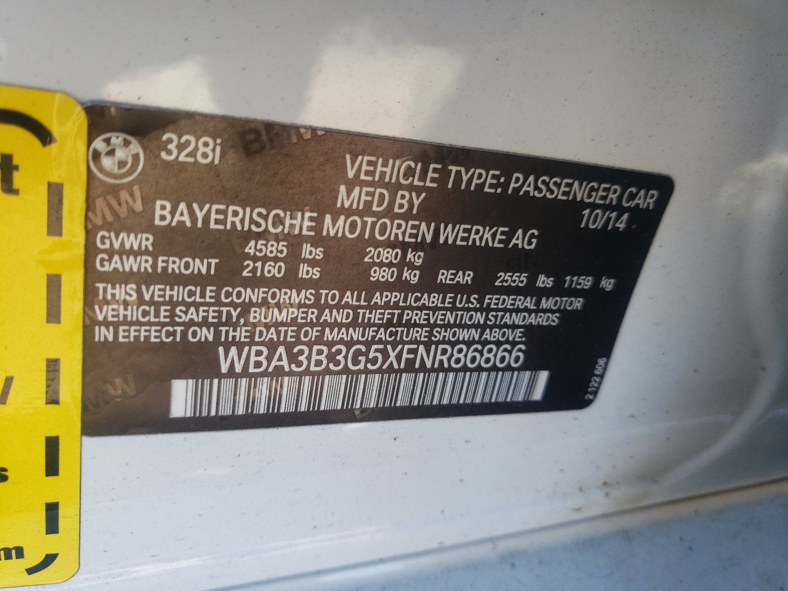 Photo 10 from auction – 2015 BMW 328 XI with VIN WBA3B3G5XFNR86866