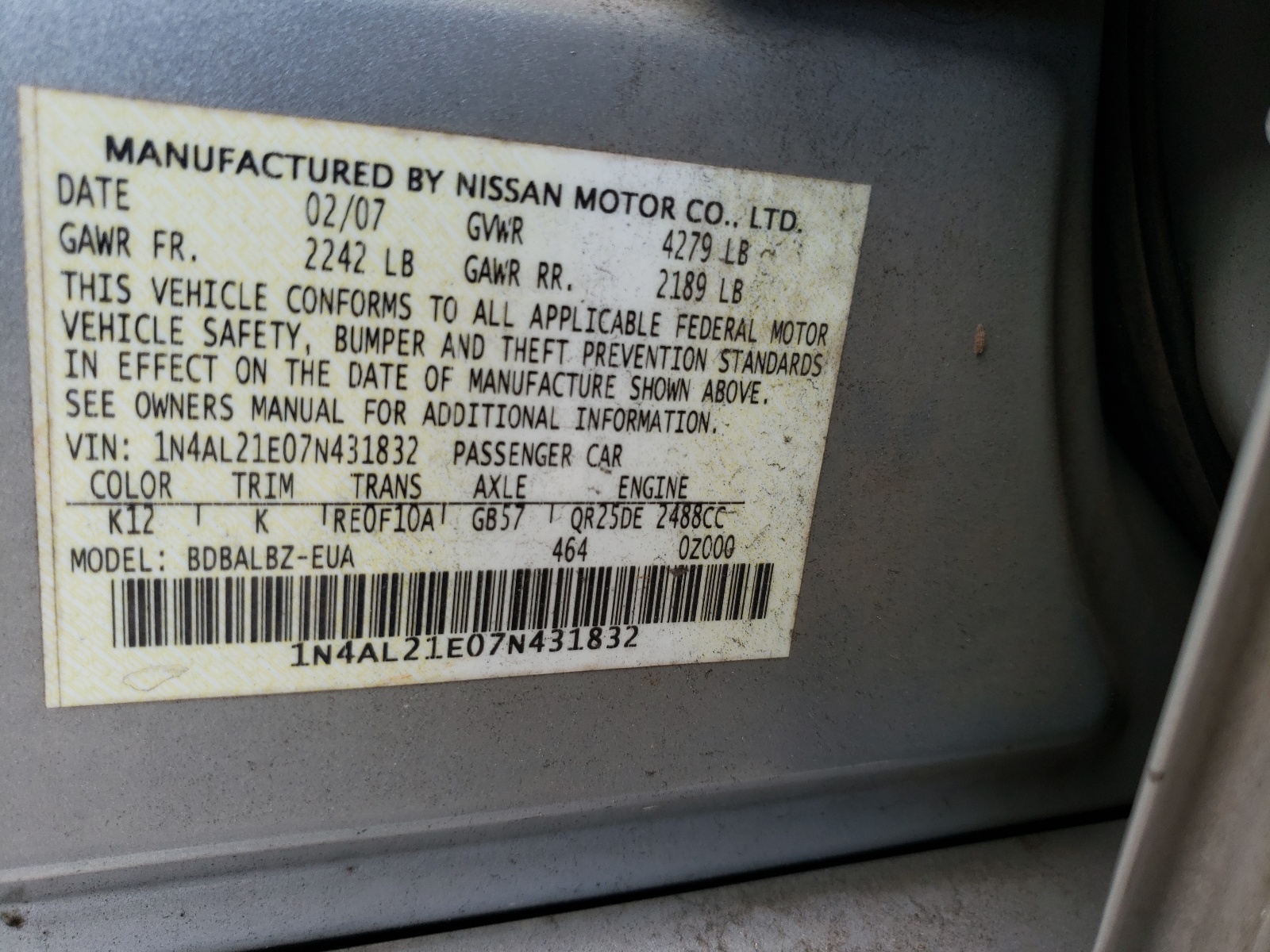 Photo 10 from auction – 2007 NISSAN ALTIMA 2.5 with VIN 1N4AL21E07N431832