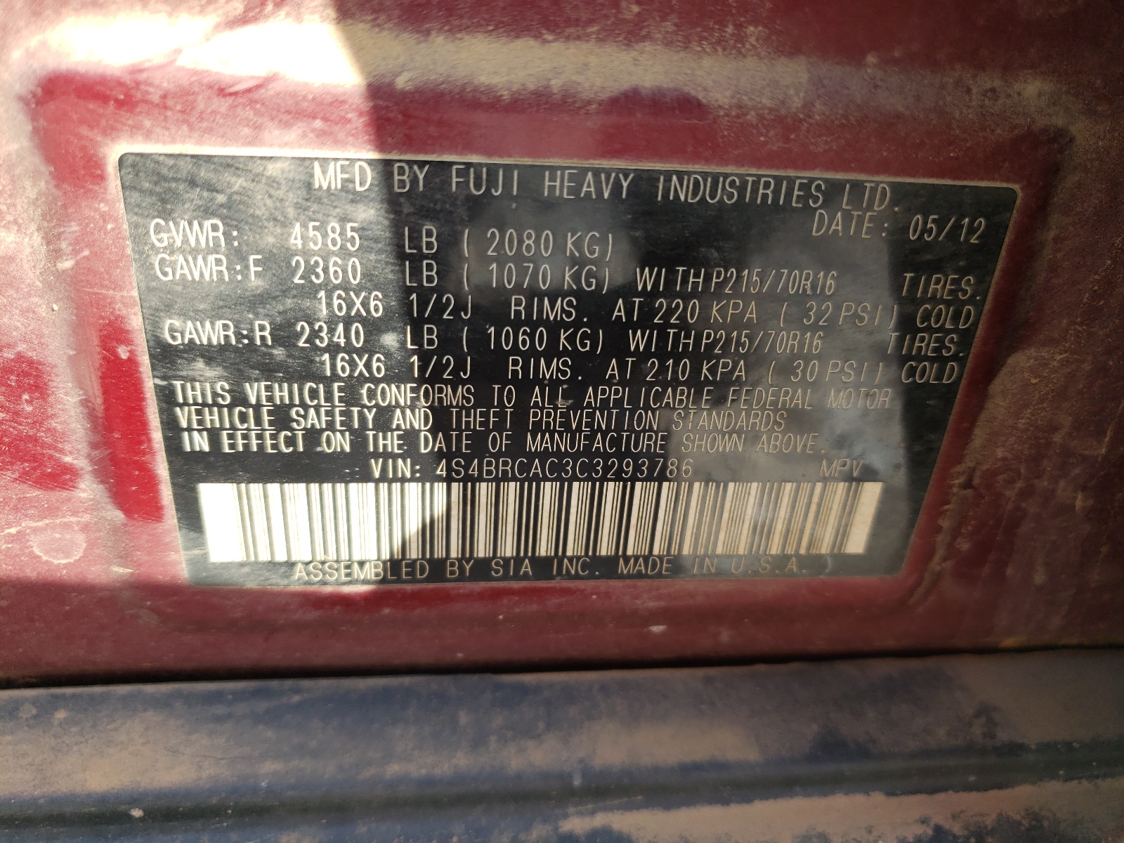 Снимка 10 от търг – 2012 SUBARU OUTBACK 2. с VIN 4S4BRCAC3C3293786
