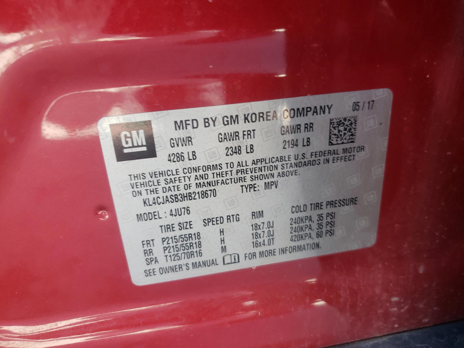 Photo 10 from auction – 2017 BUICK ENCORE PRE with VIN KL4CJASB3HB218670