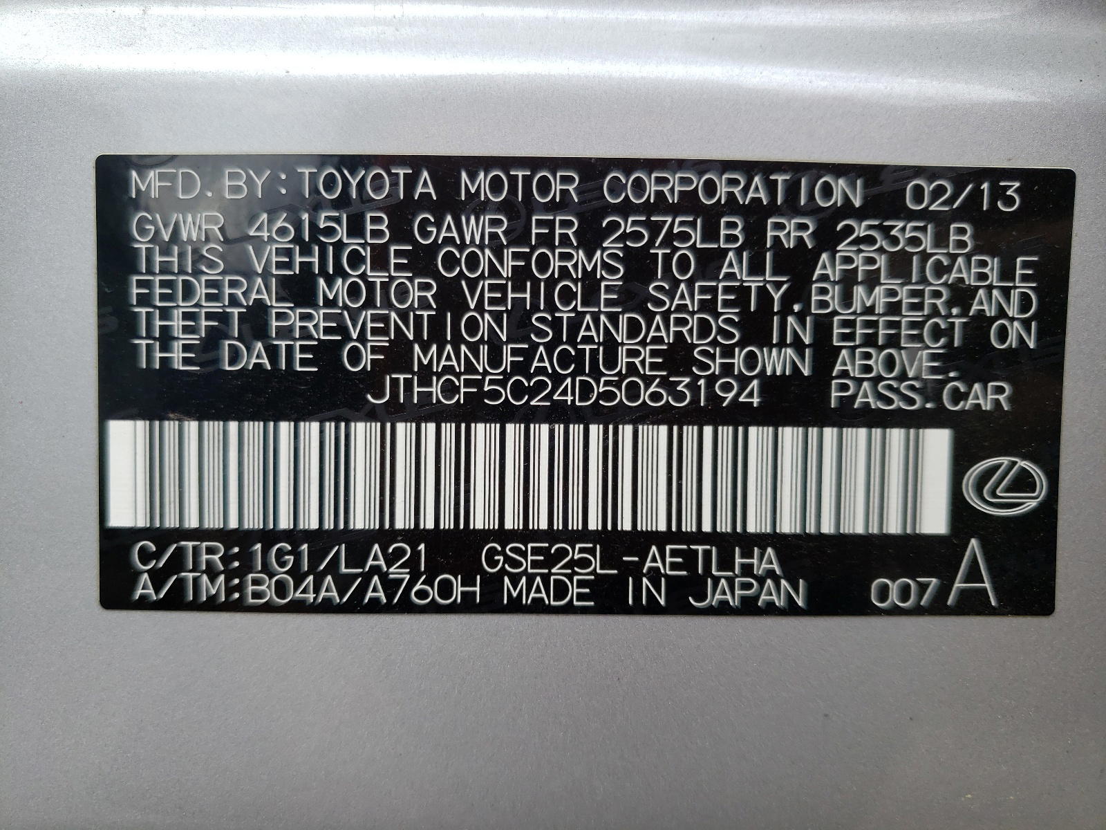 Photo 10 from auction – 2013 LEXUS IS 250 with VIN JTHCF5C24D5063194