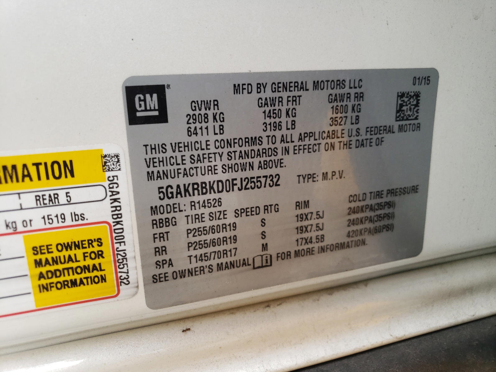 Photo 10 from auction – 2015 BUICK ENCLAVE with VIN 5GAKRBKD0FJ255732