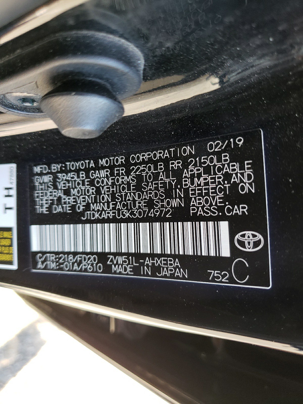 Photo 10 from auction – 2019 TOYOTA PRIUS with VIN JTDKARFU3K3074972