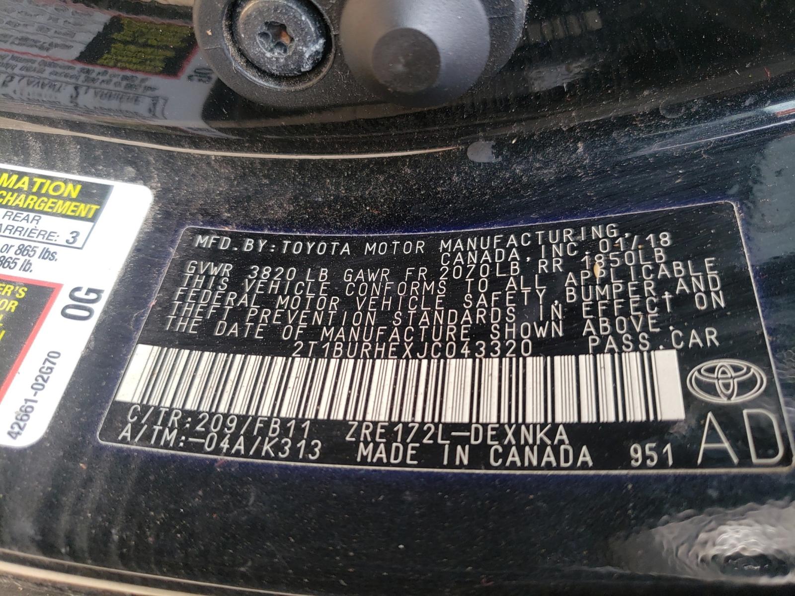 Photo 10 from auction – 2018 TOYOTA COROLLA L with VIN 2T1BURHEXJC043320