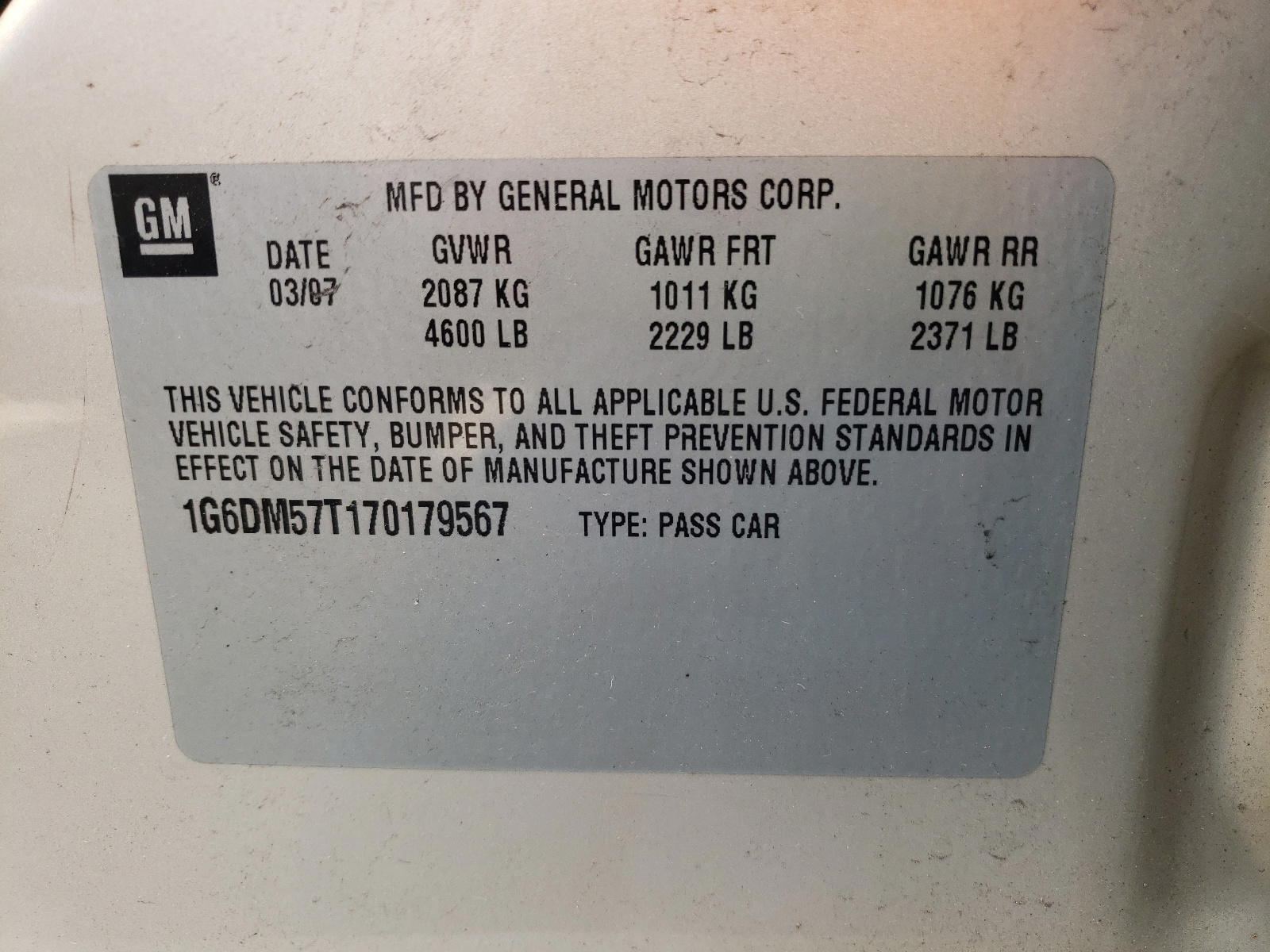 Photo 10 from auction – 2007 CADILLAC CTS with VIN 1G6DM57T170179567