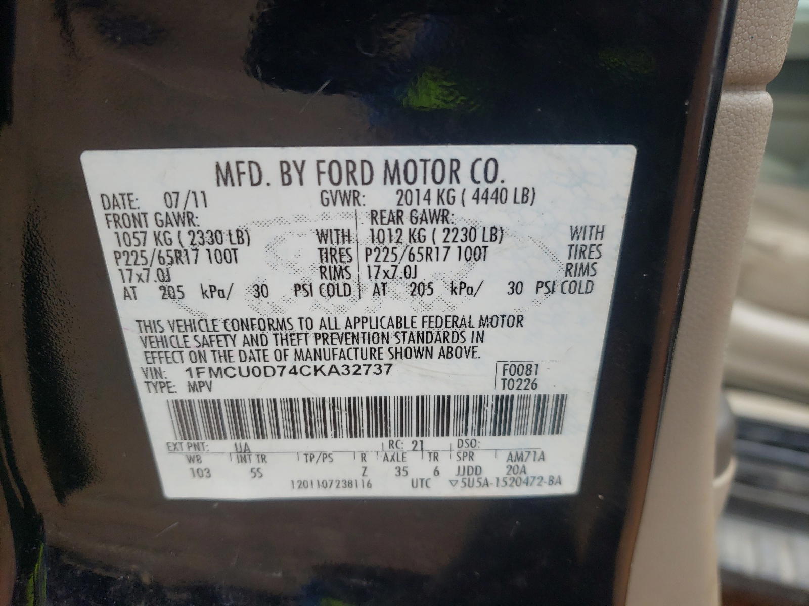 Photo 10 from auction – 2012 FORD ESCAPE XLT with VIN 1FMCU0D74CKA32737