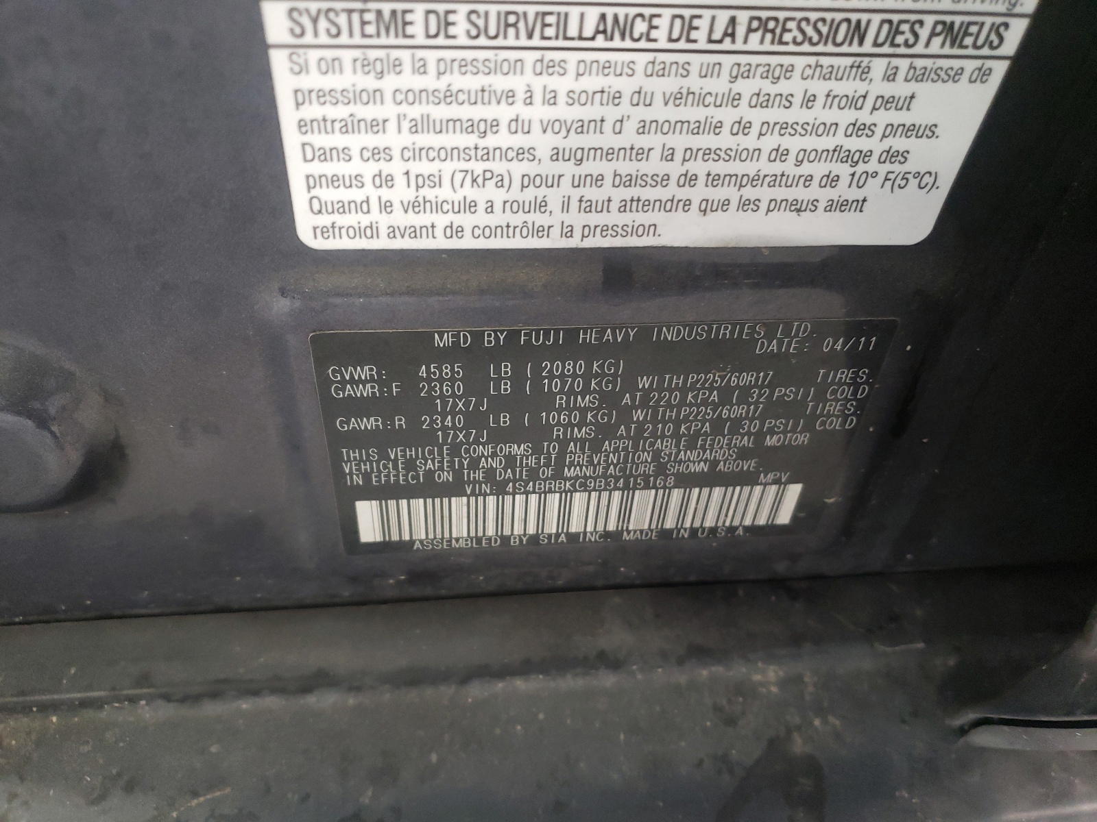 Photo 10 from auction – 2011 SUBARU OUTBACK 2. with VIN 4S4BRBKC9B3415168