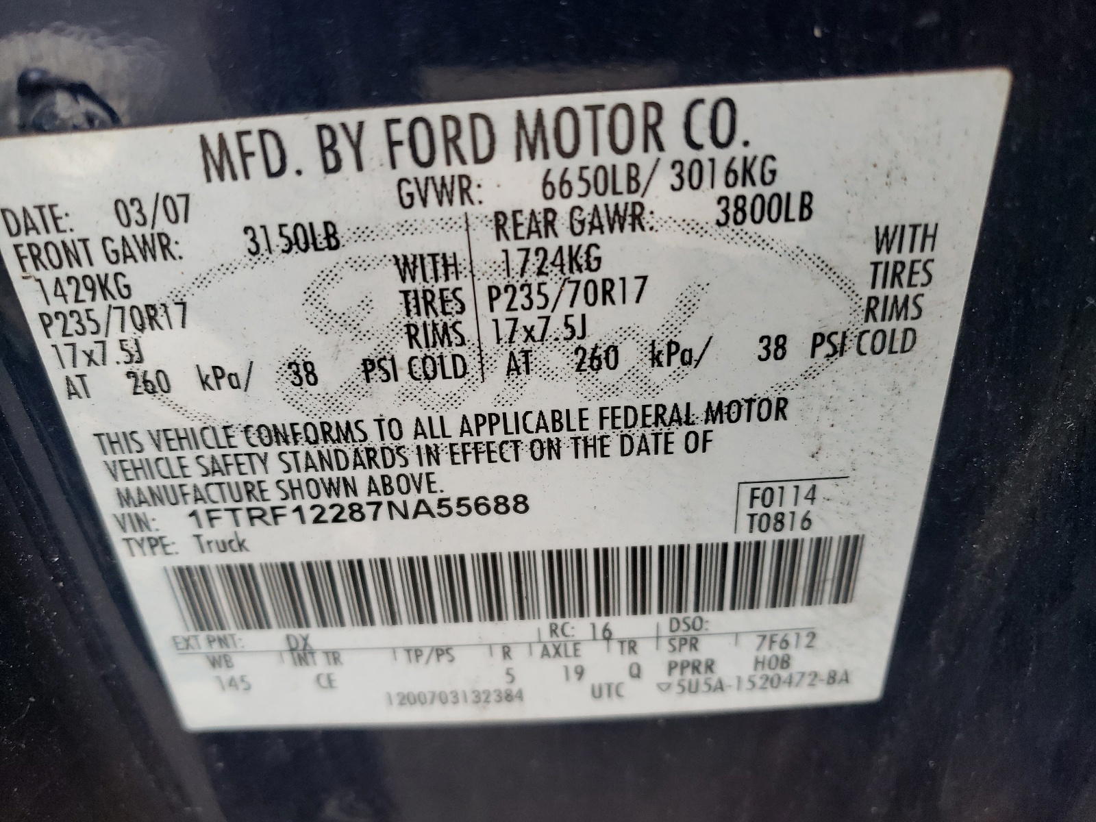 Photo 10 from auction – 2007 FORD F150 with VIN 1FTRF12287NA55688