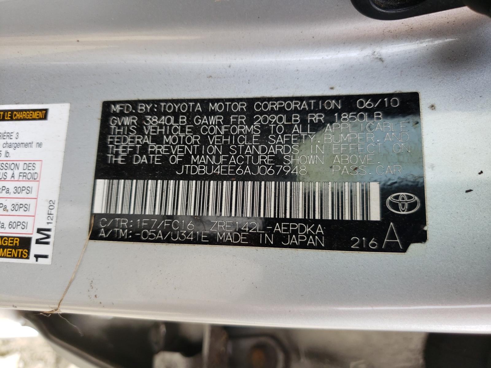 Photo 10 from auction – 2010 TOYOTA COROLLA BA with VIN JTDBU4EE6AJ067948