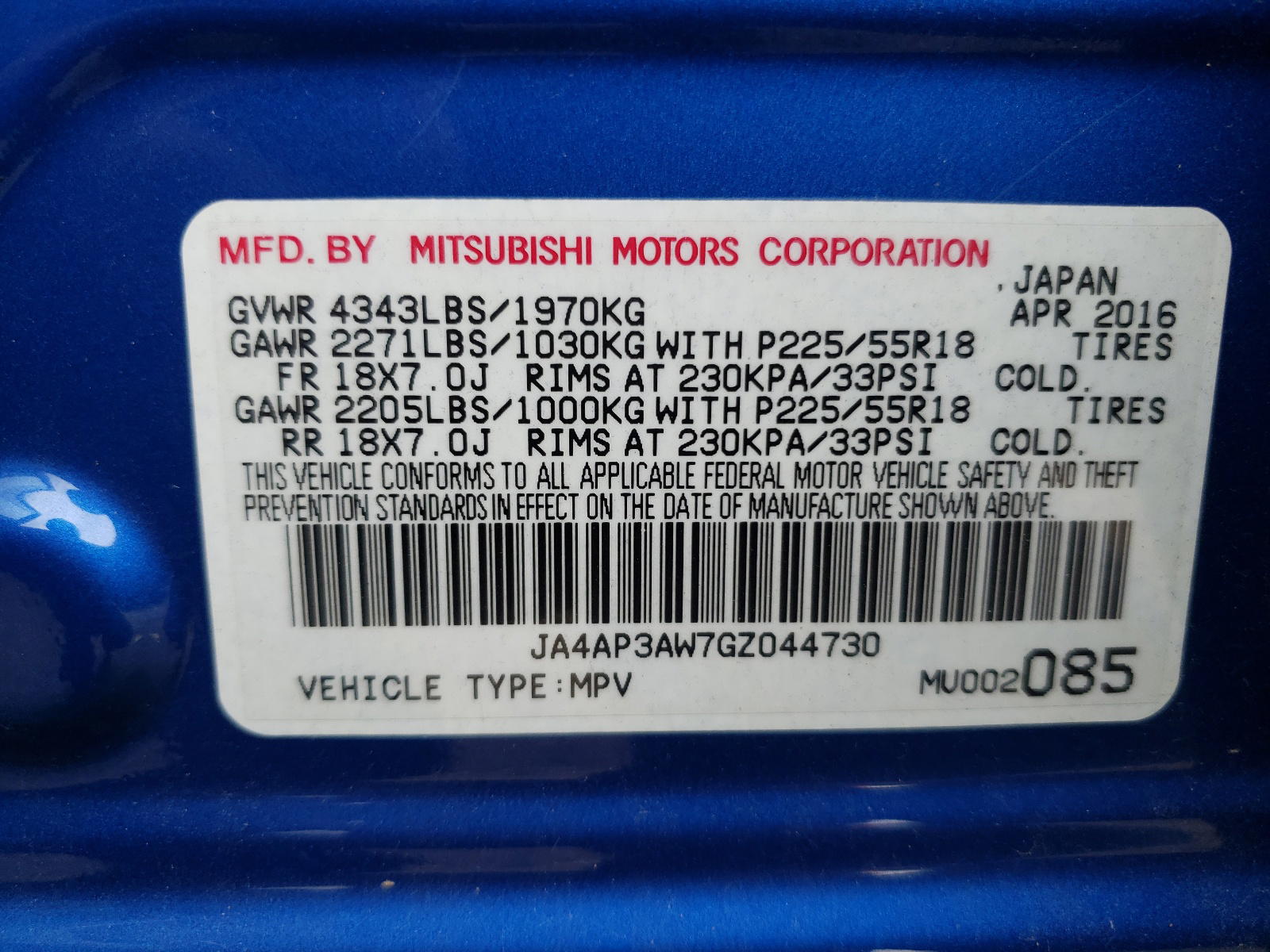 Photo 10 from auction – 2016 MITSUBISHI OUTLANDER with VIN JA4AP3AW7GZ044730