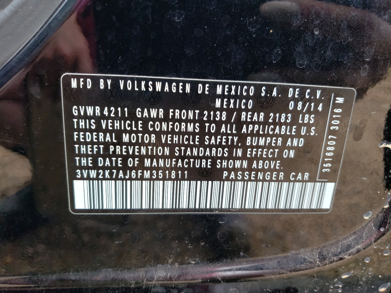 Photo 10 from auction – 2015 VOLKSWAGEN JETTA BASE with VIN 3VW2K7AJ6FM351811