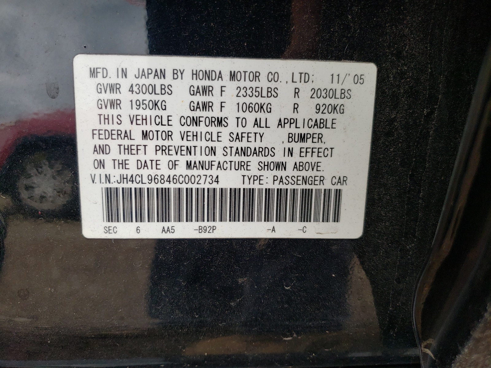 Photo 10 from auction – 2006 ACURA TSX with VIN JH4CL96846C002734