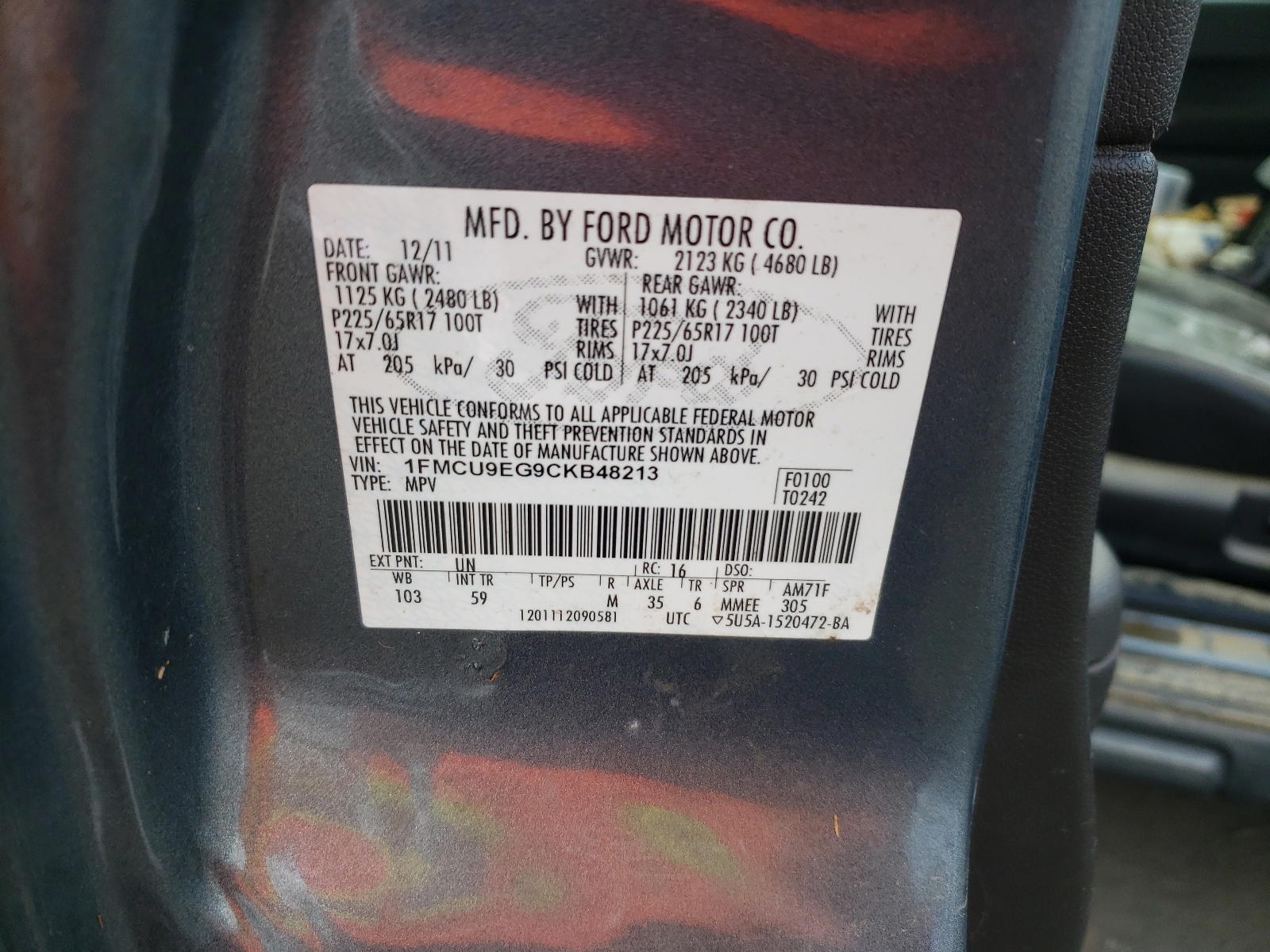 Photo 10 from auction – 2012 FORD ESCAPE LIM with VIN 1FMCU9EG9CKB48213