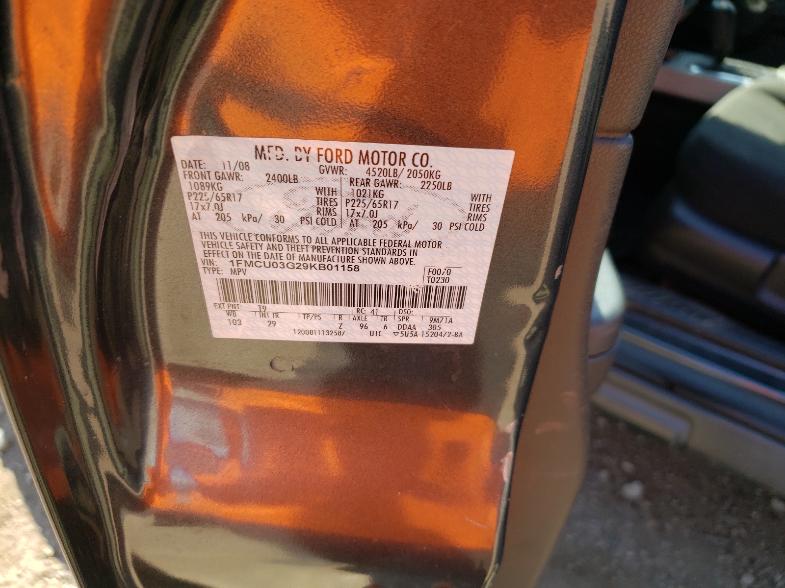 Photo 10 from auction – 2009 FORD ESCAPE XLT with VIN 1FMCU03G29KB01158