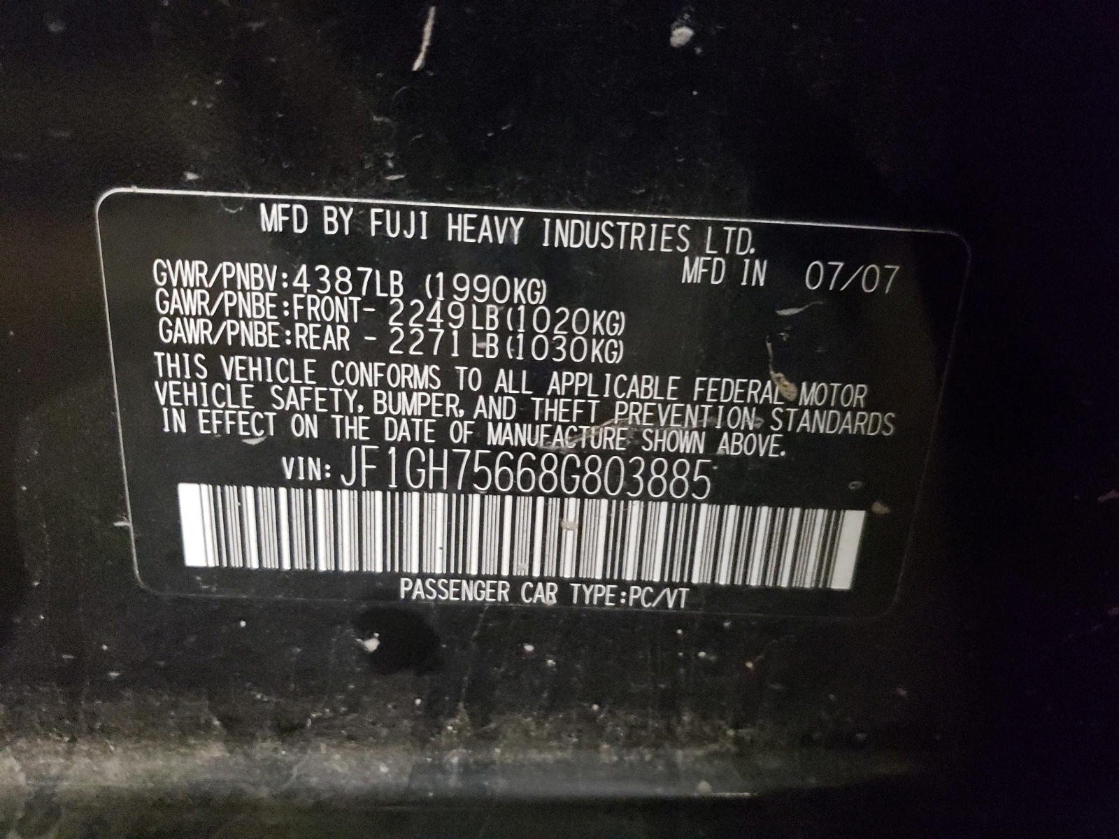 Photo 10 from auction – 2008 SUBARU IMPREZA WR with VIN JF1GH75668G803885