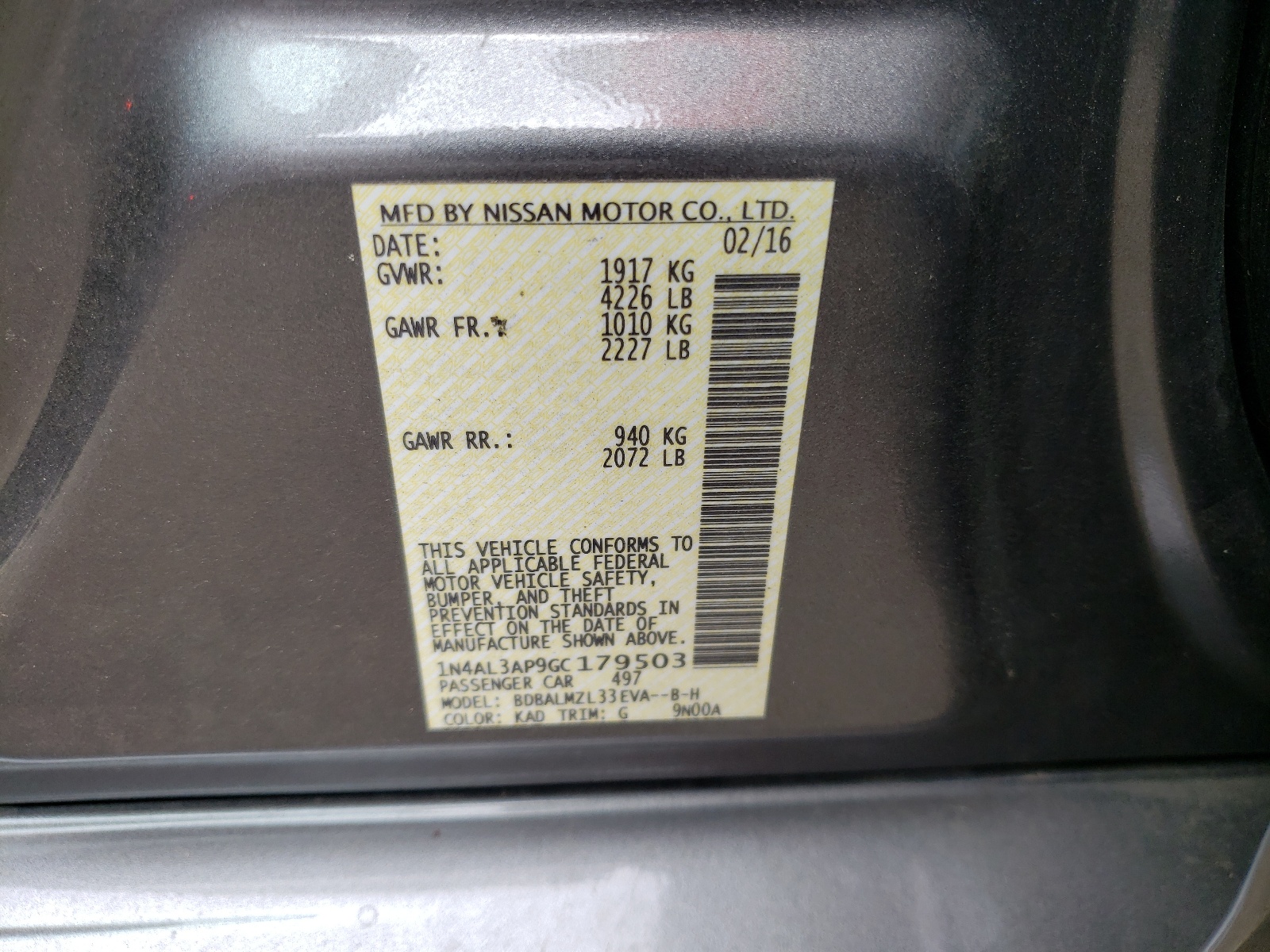 Photo 10 from auction – 2016 NISSAN ALTIMA 2.5 with VIN 1N4AL3AP9GC179503