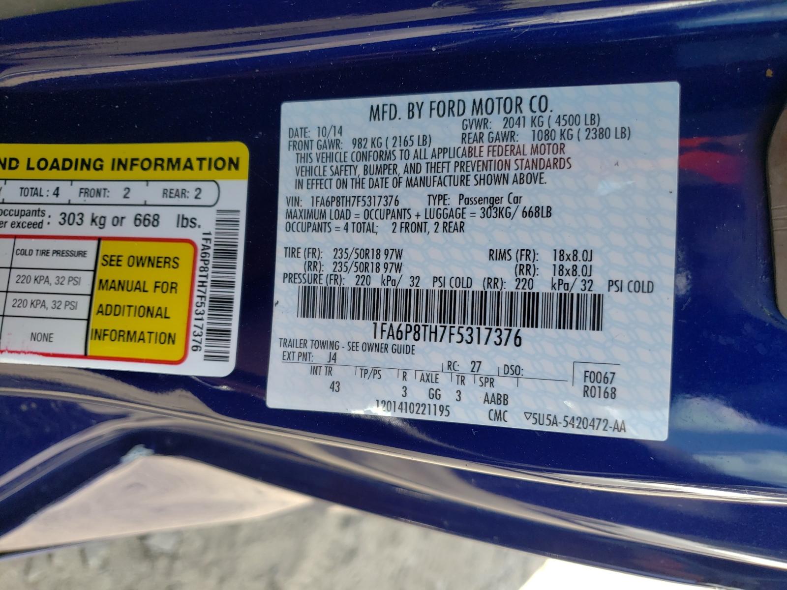 Photo 10 from auction – 2015 FORD MUSTANG with VIN 1FA6P8TH7F5317376