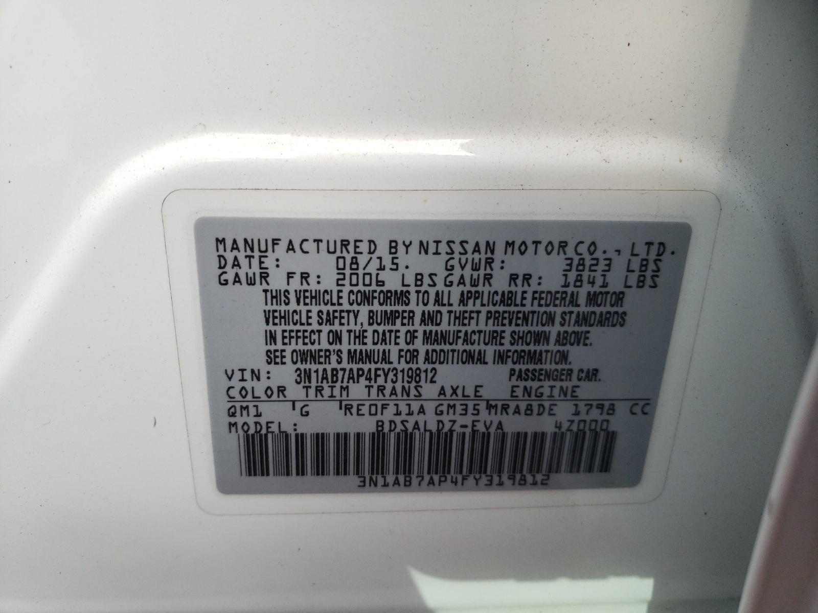 Photo 10 from auction – 2015 NISSAN SENTRA S with VIN 3N1AB7AP4FY319812