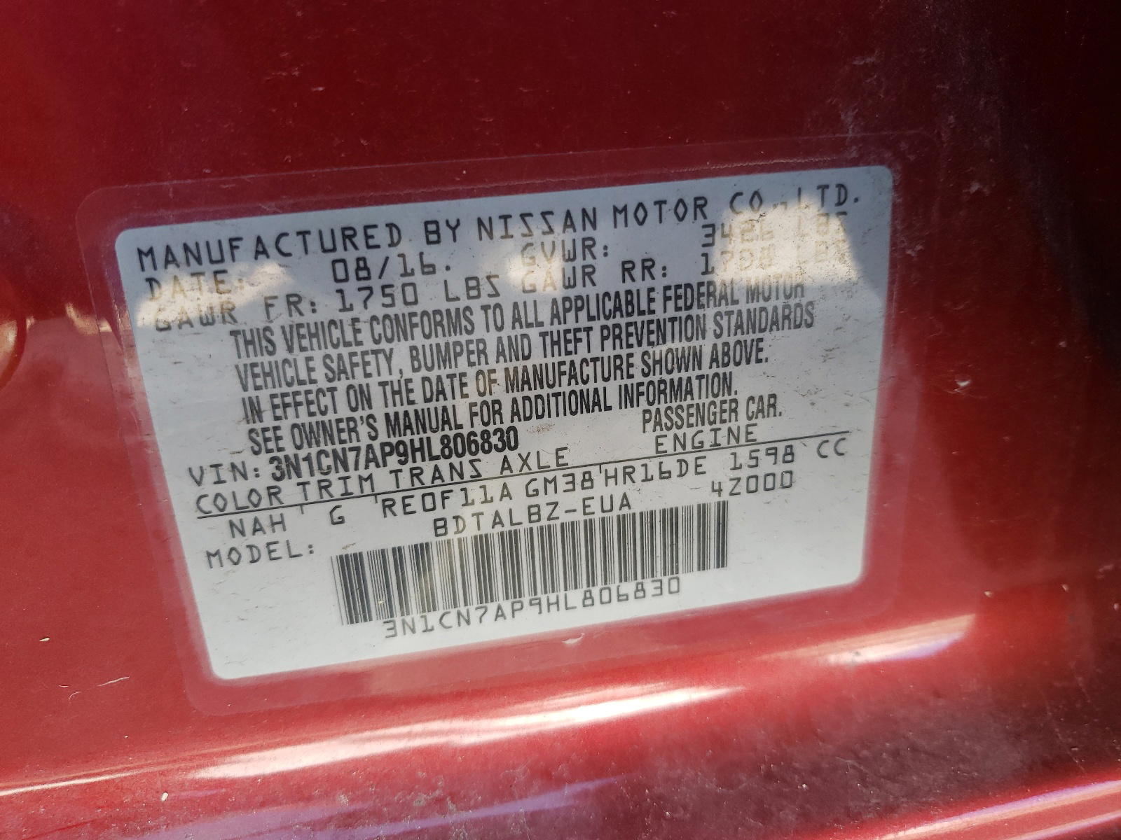 Photo 10 from auction – 2017 NISSAN VERSA S with VIN 3N1CN7AP9HL806830