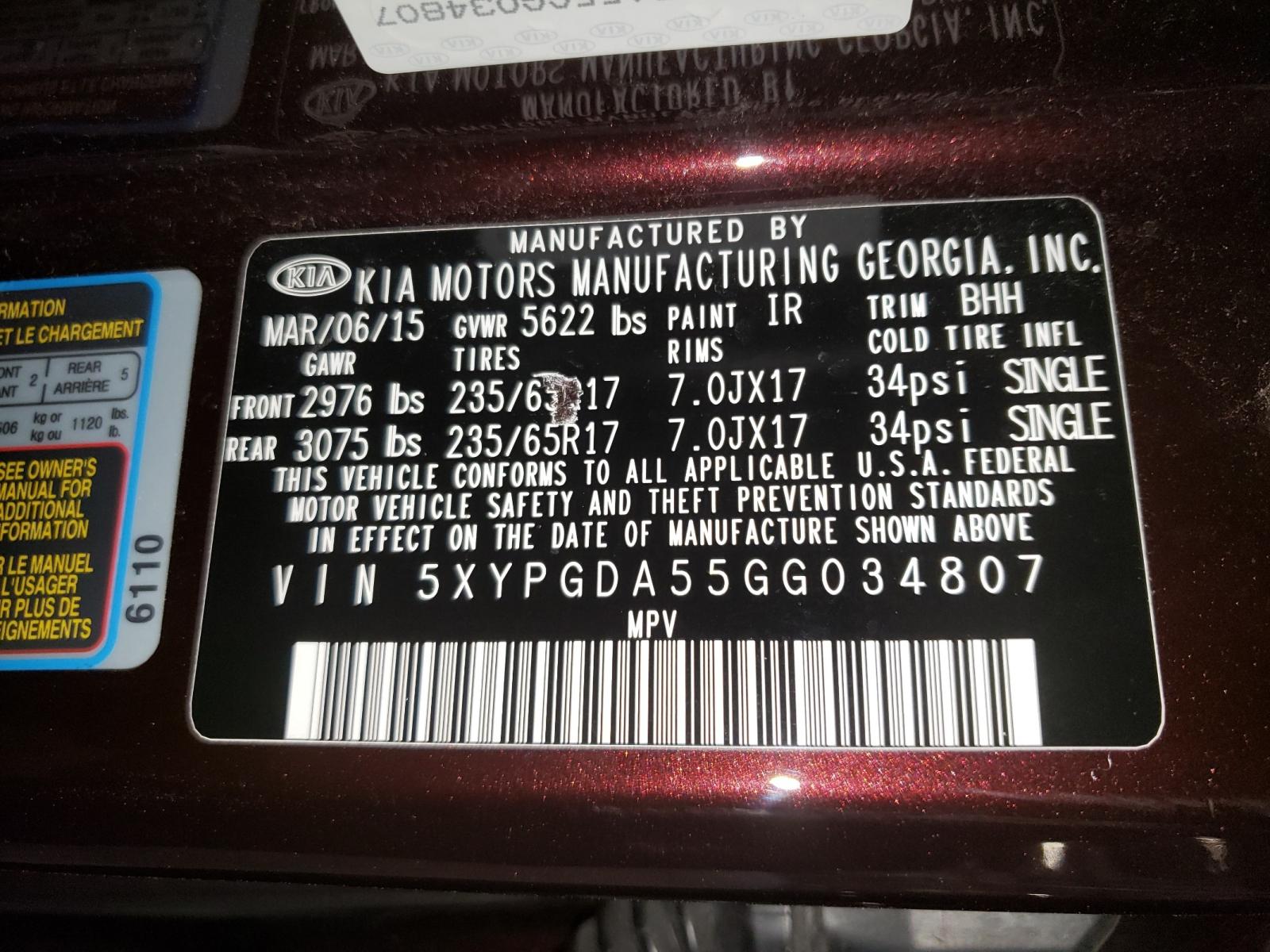 Photo 10 from auction – 2016 KIA SORENTO LX with VIN 5XYPGDA55GG034807