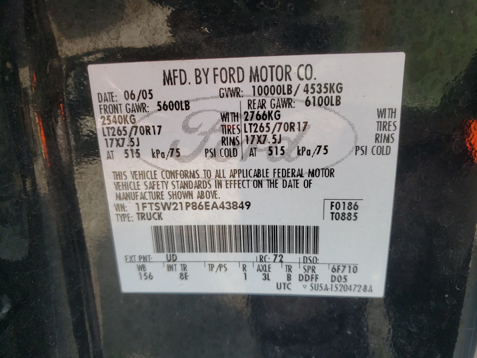Photo 10 from auction – 2006 FORD F250 SUPER with VIN 1FTSW21P86EA43849