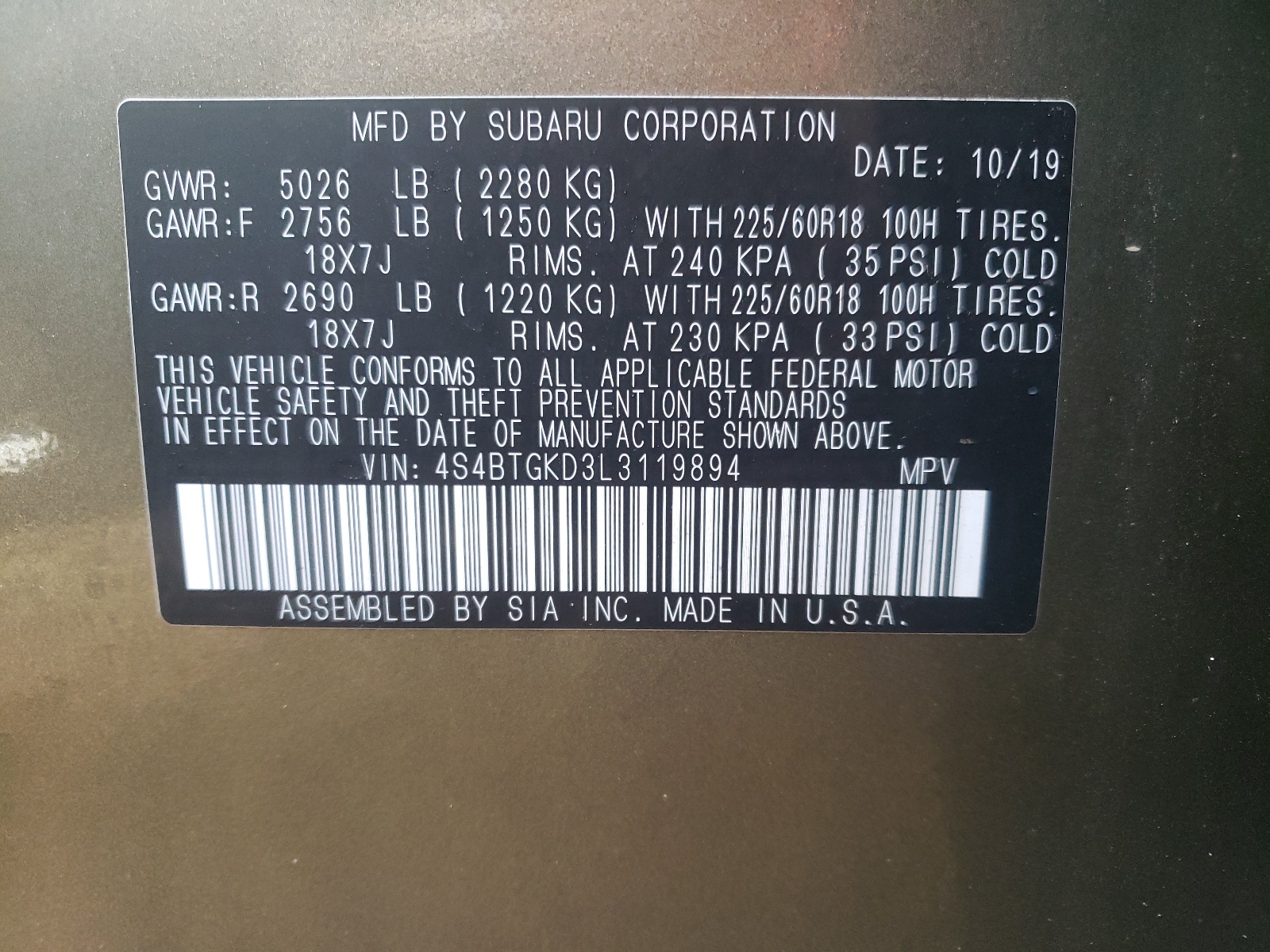 Photo 10 from auction – 2020 SUBARU OUTBACK ON with VIN 4S4BTGKD3L3119894