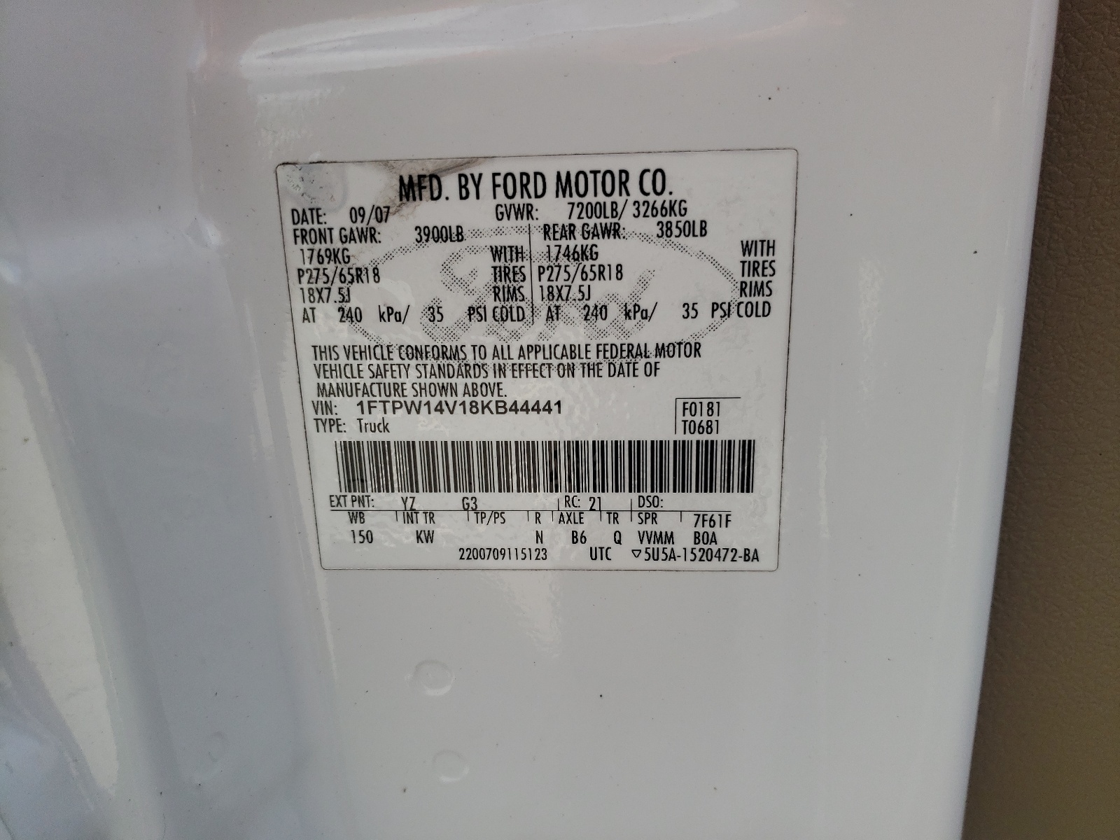 Photo 10 from auction – 2008 FORD F150 SUPER with VIN 1FTPW14V18KB44441