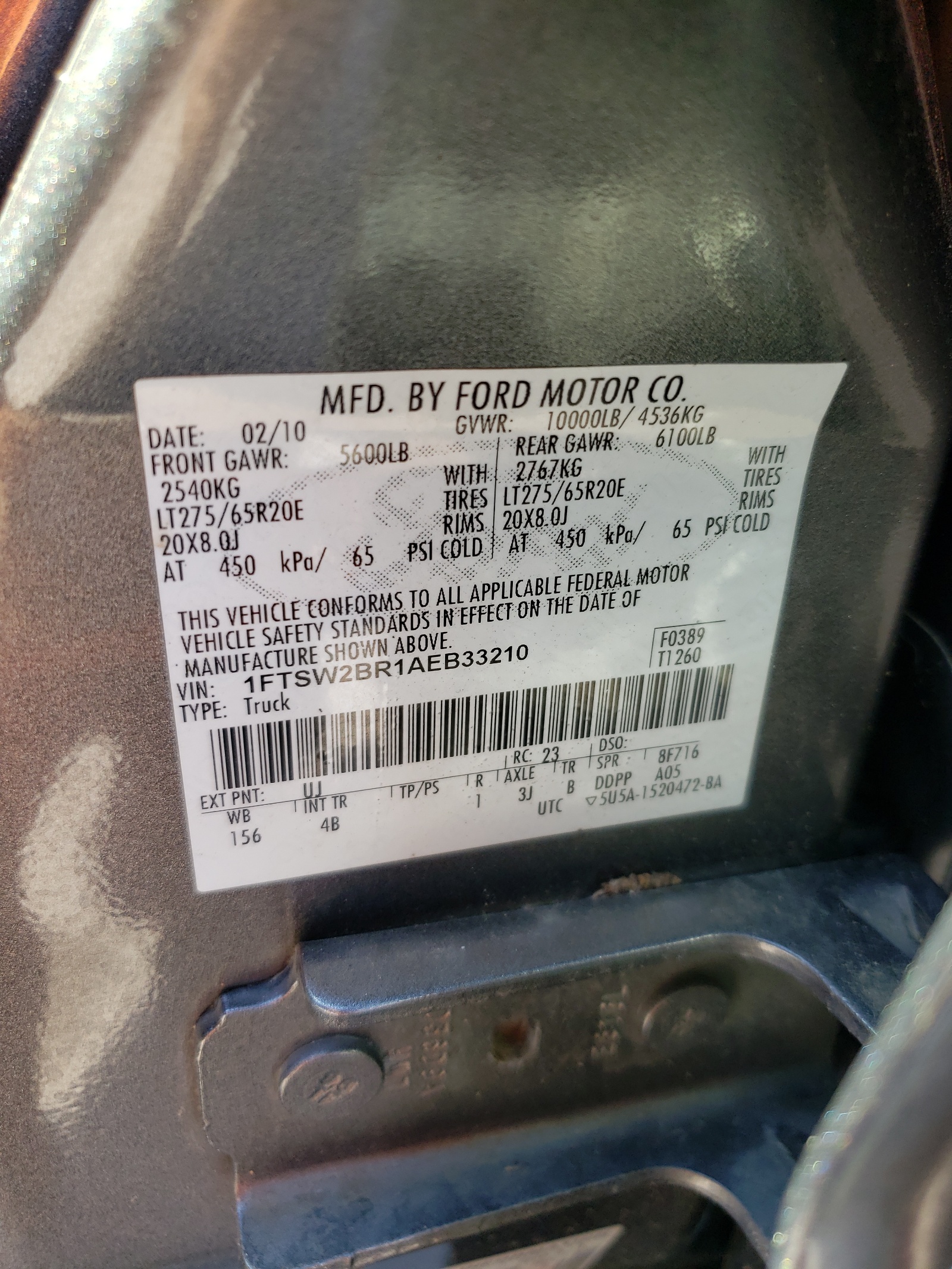 Photo 10 from auction – 2010 FORD F250 SUPER with VIN 1FTSW2BR1AEB33210