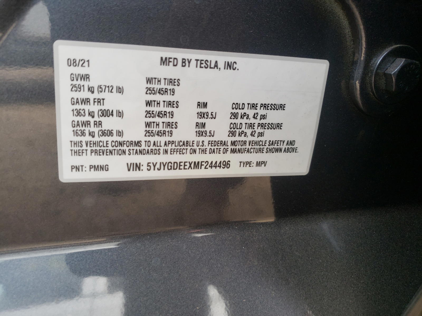 Photo 10 from auction – 2021 TESLA MODEL Y with VIN 5YJYGDEEXMF244496