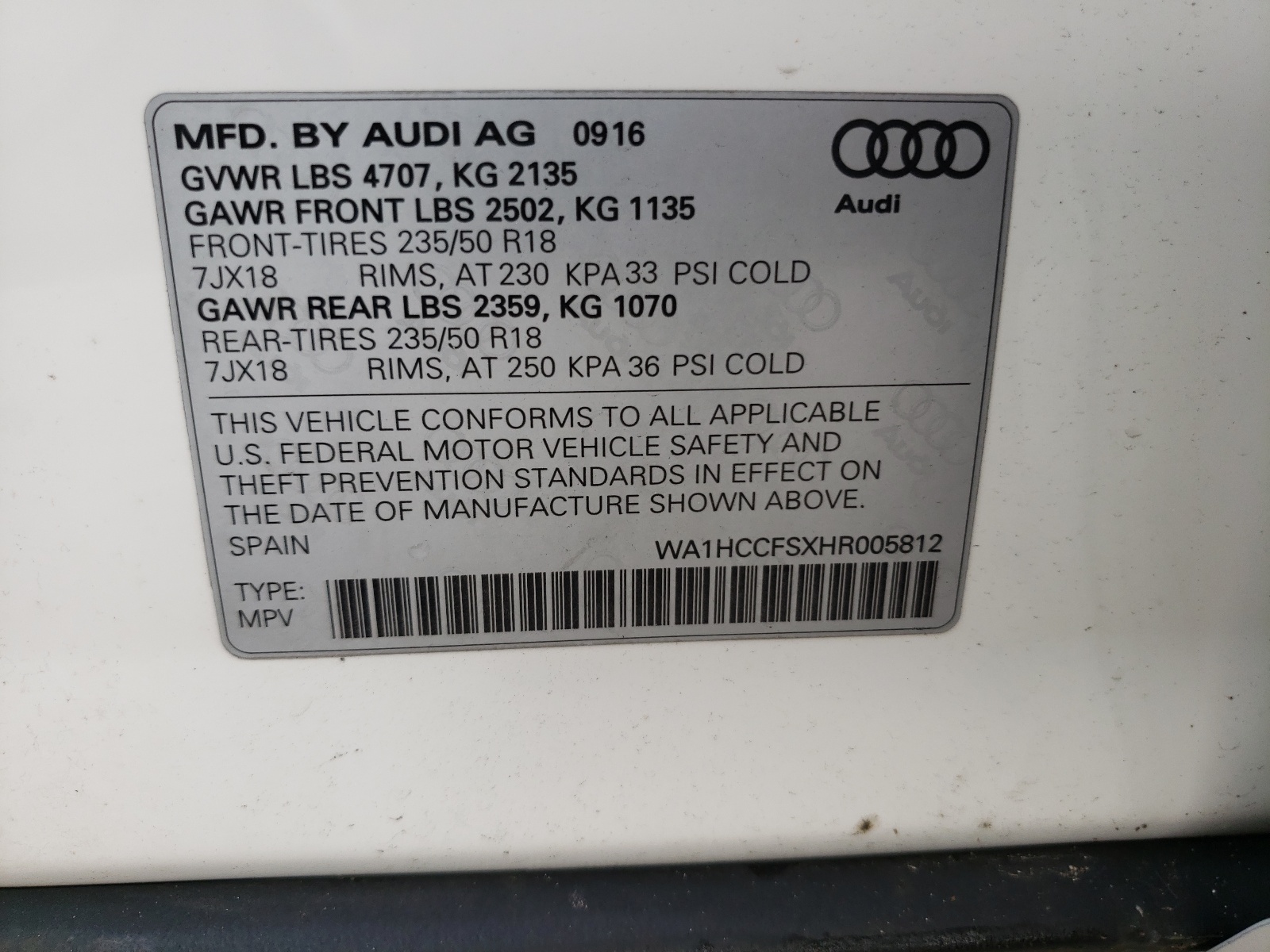 Photo 10 from auction – 2017 AUDI Q3 PREMIUM with VIN WA1HCCFSXHR005812