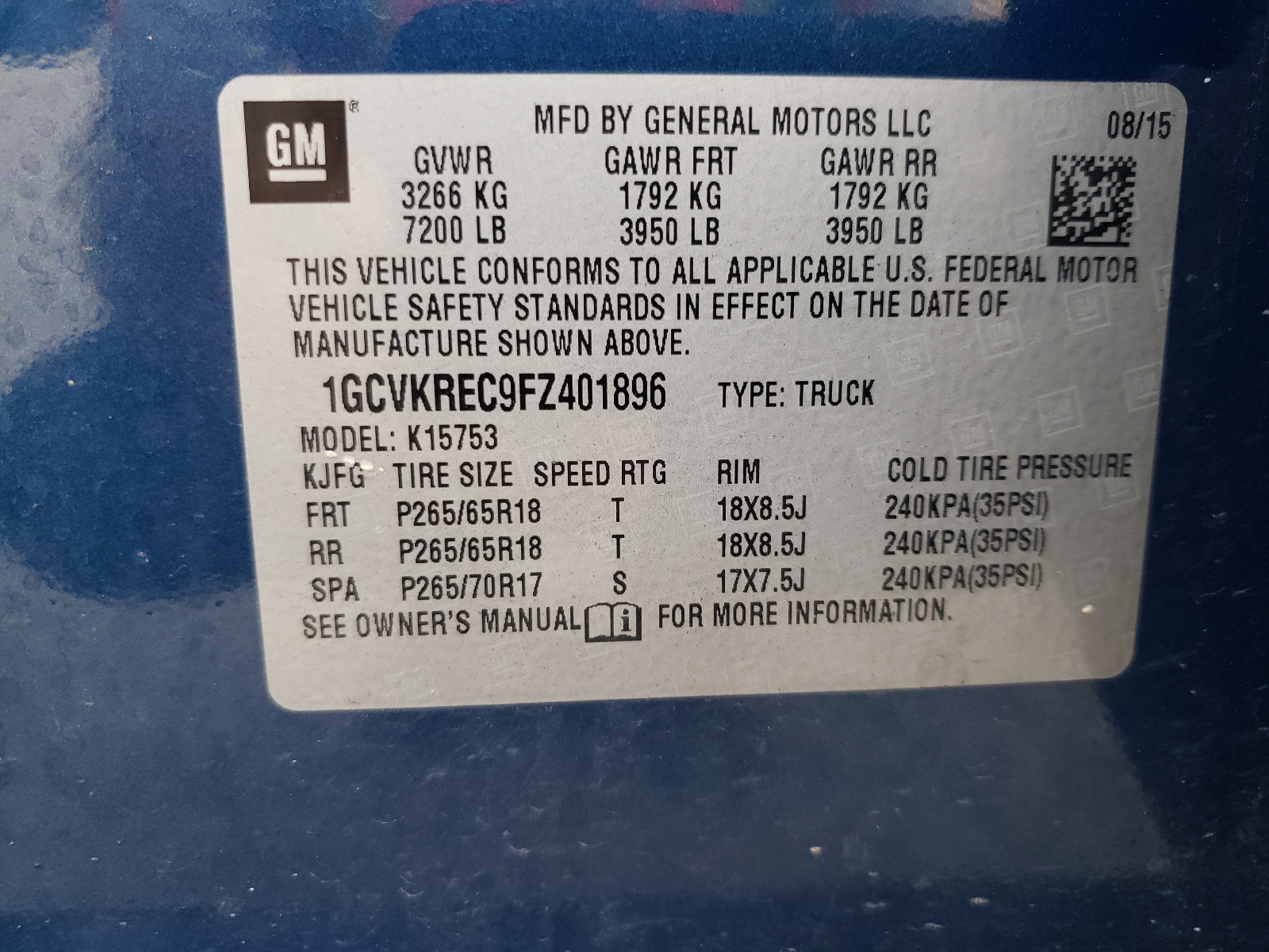 Photo 10 from auction – 2015 CHEVROLET SILVERADO with VIN 1GCVKREC9FZ401896