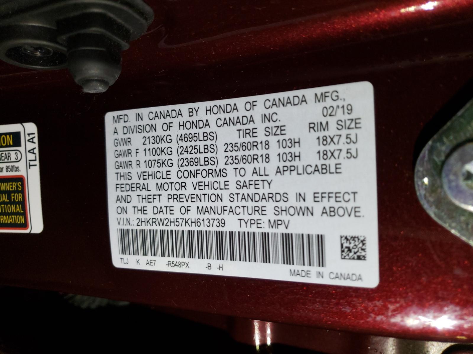 Photo 10 from auction – 2019 HONDA CR-V EX with VIN 2HKRW2H57KH613739