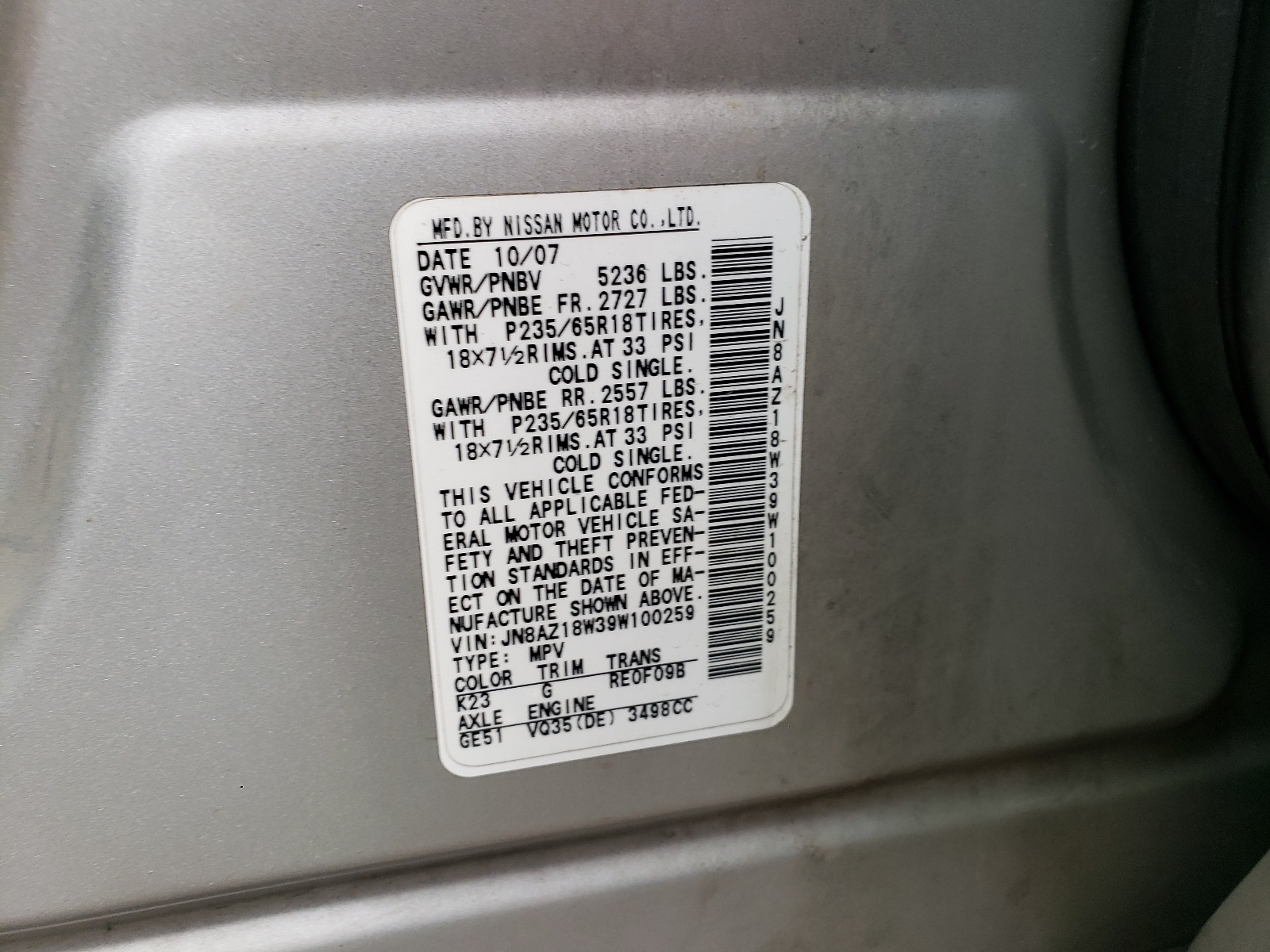 Photo 10 from auction – 2009 NISSAN MURANO S with VIN JN8AZ18W39W100259