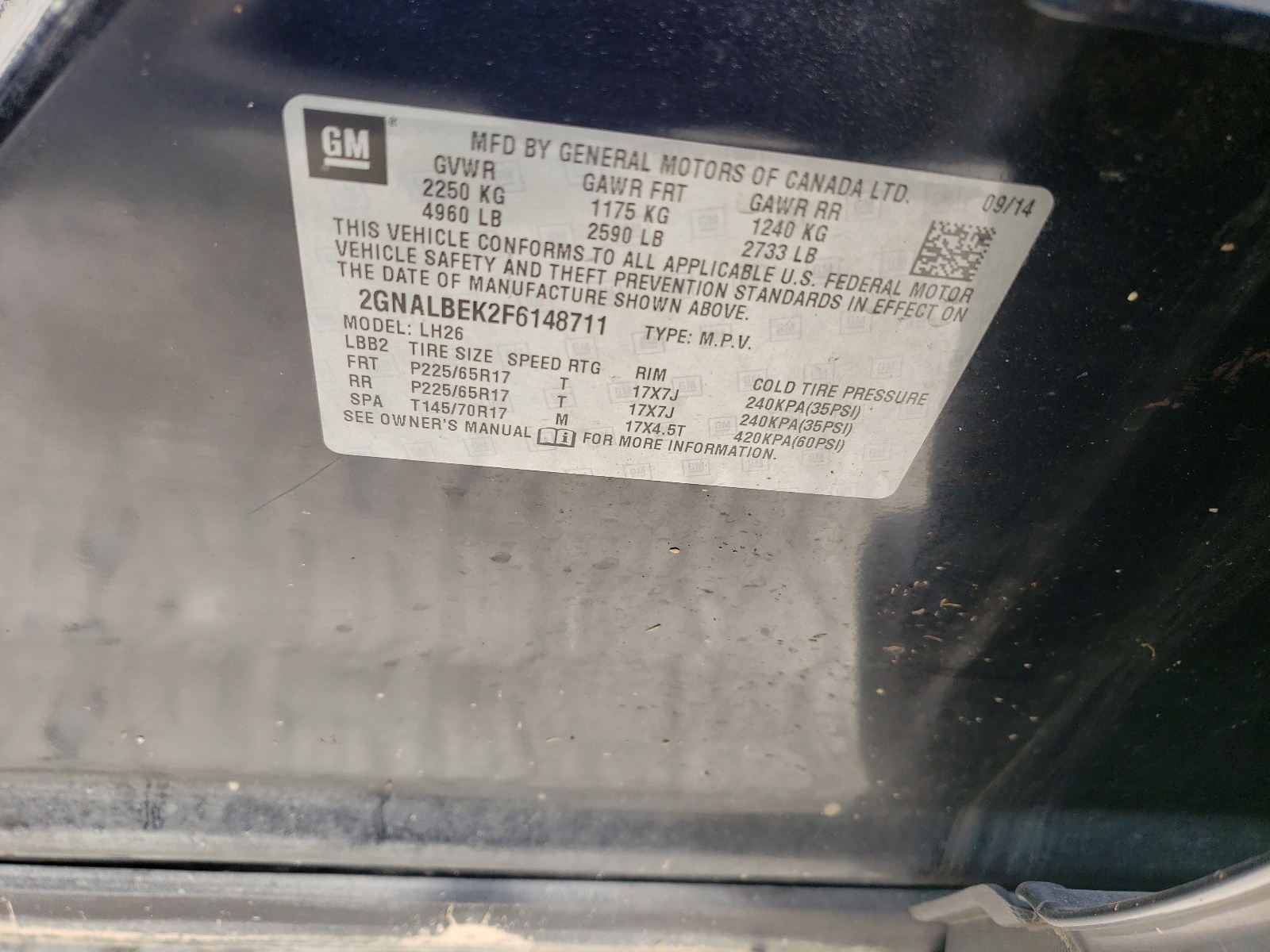 Photo 10 from auction – 2015 CHEVROLET EQUINOX LT with VIN 2GNALBEK2F6148711