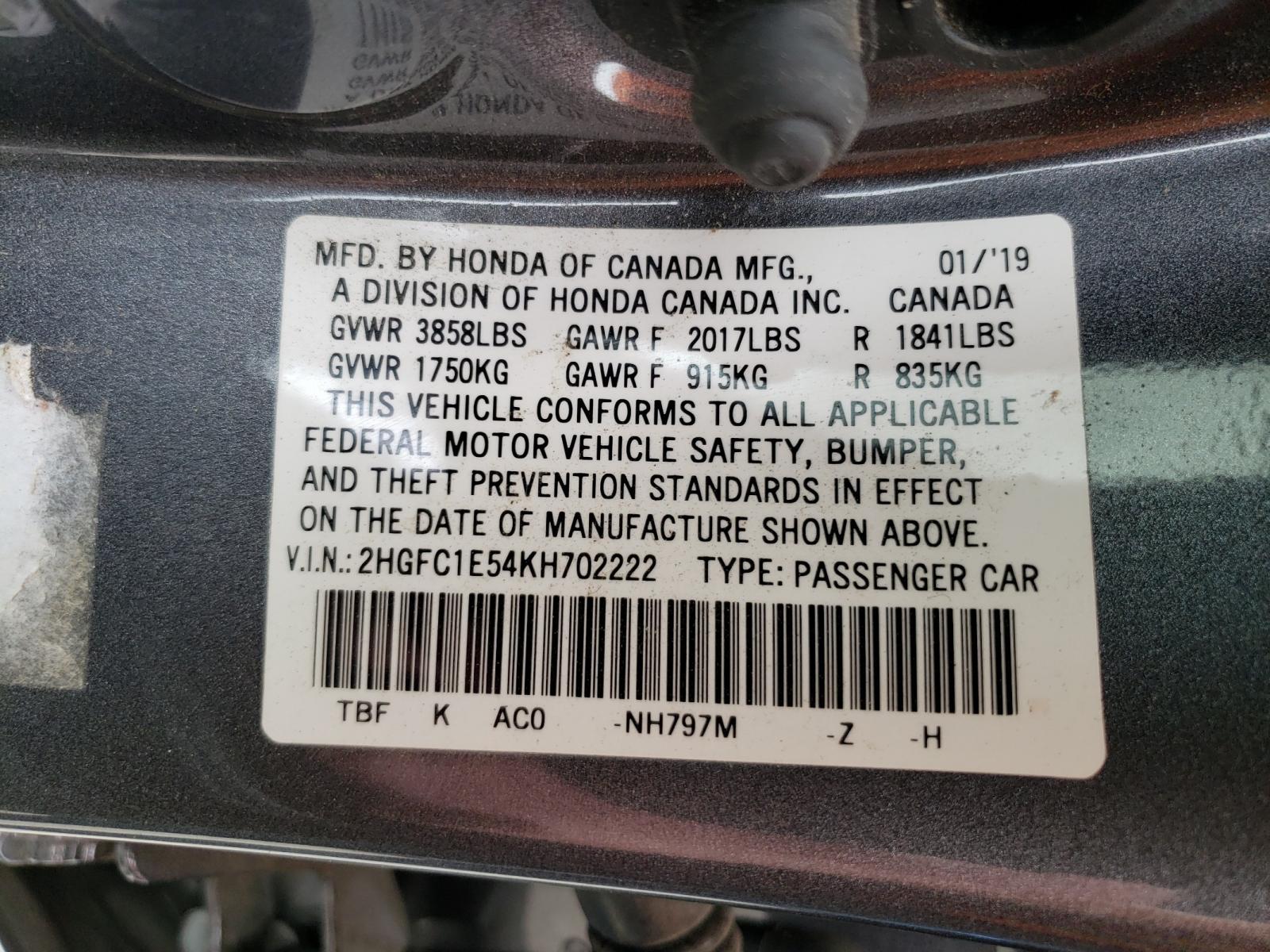Photo 10 from auction – 2019 HONDA CIVIC SI with VIN 2HGFC1E54KH702222