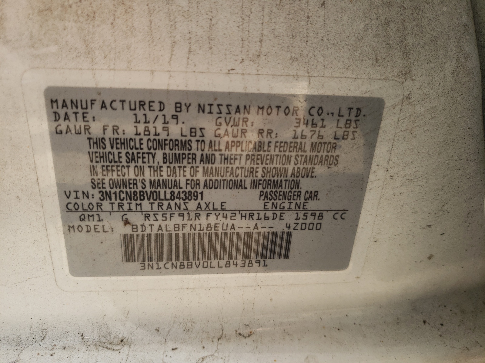 Photo 10 from auction – 2020 NISSAN VERSA S with VIN 3N1CN8BV0LL843891
