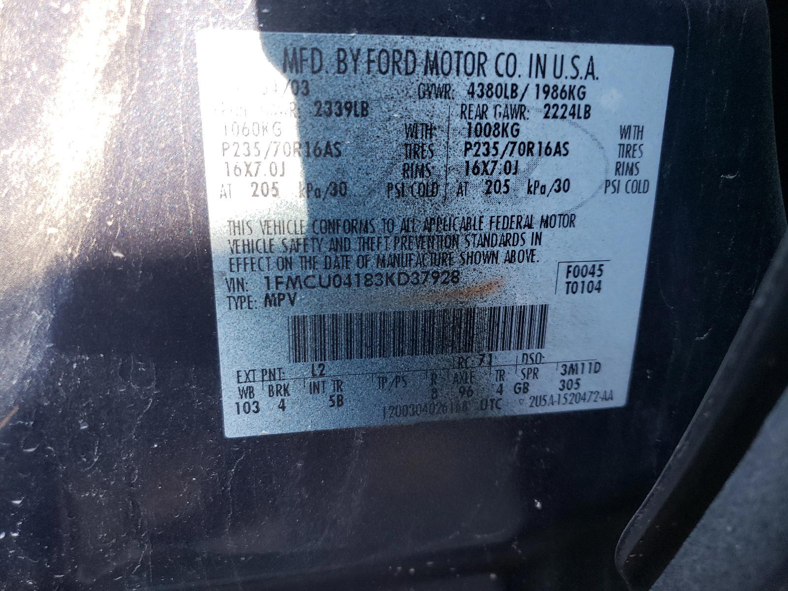 Photo 10 from auction – 2003 FORD ESCAPE LIM with VIN 1FMCU04183KD37928